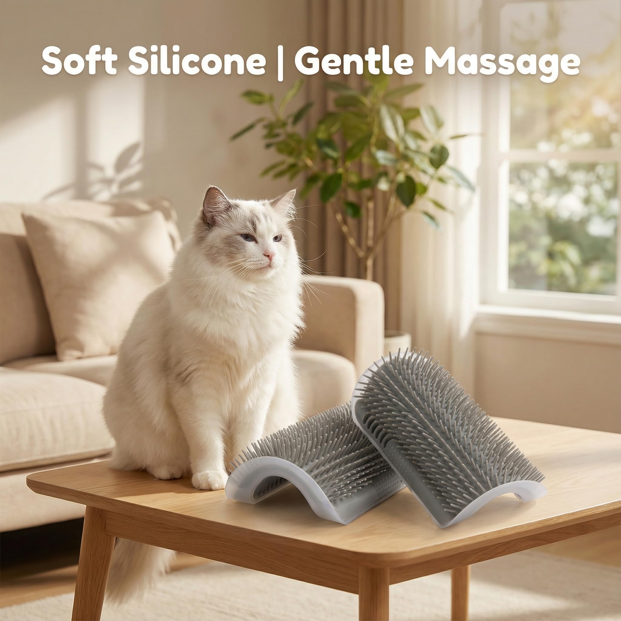 Cat Scratcher, Gray Soft Silicone Grooming Supplies Wall Mounted Corner Cat Scratcher Curls Face Rubbing Post Self Groomer for Indoor Massage and Shedding Hair Removal - image 2
