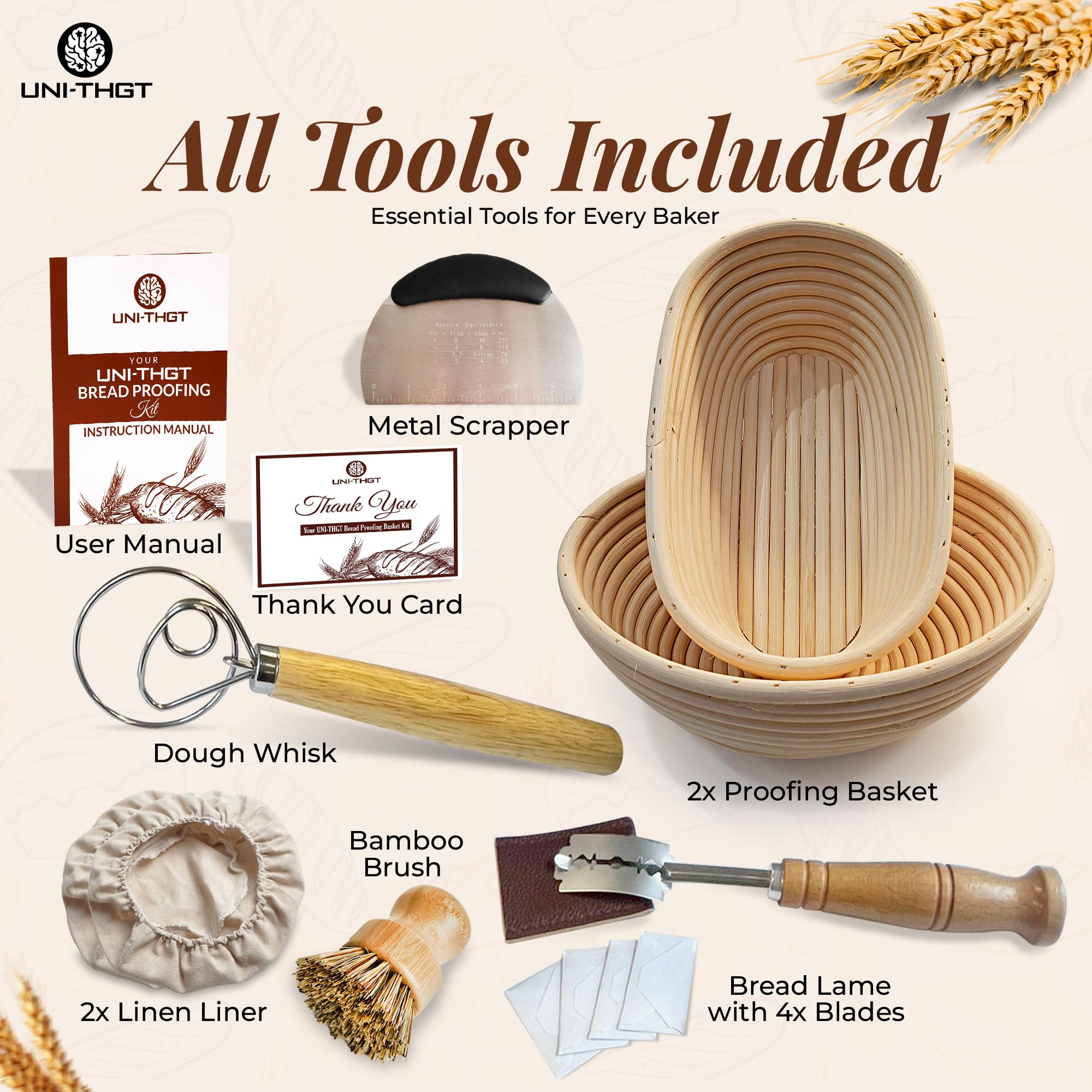 UNITHGT Panier à pain avec doublure en tissu rond et ovale en rotin naturel de 22,9 cm et 25,4 cm avec lamelles à pain, brosse de nettoyage en bambou, grattoir à pâte en acier inoxydable et outils