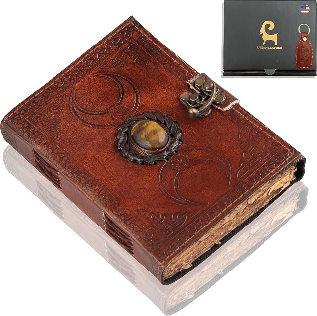 Urban Leather Journal - 3 Moon Brown Tiger Eye Journal - Gemstone Studded Handmade Vintage Writing Notebook, Unlined