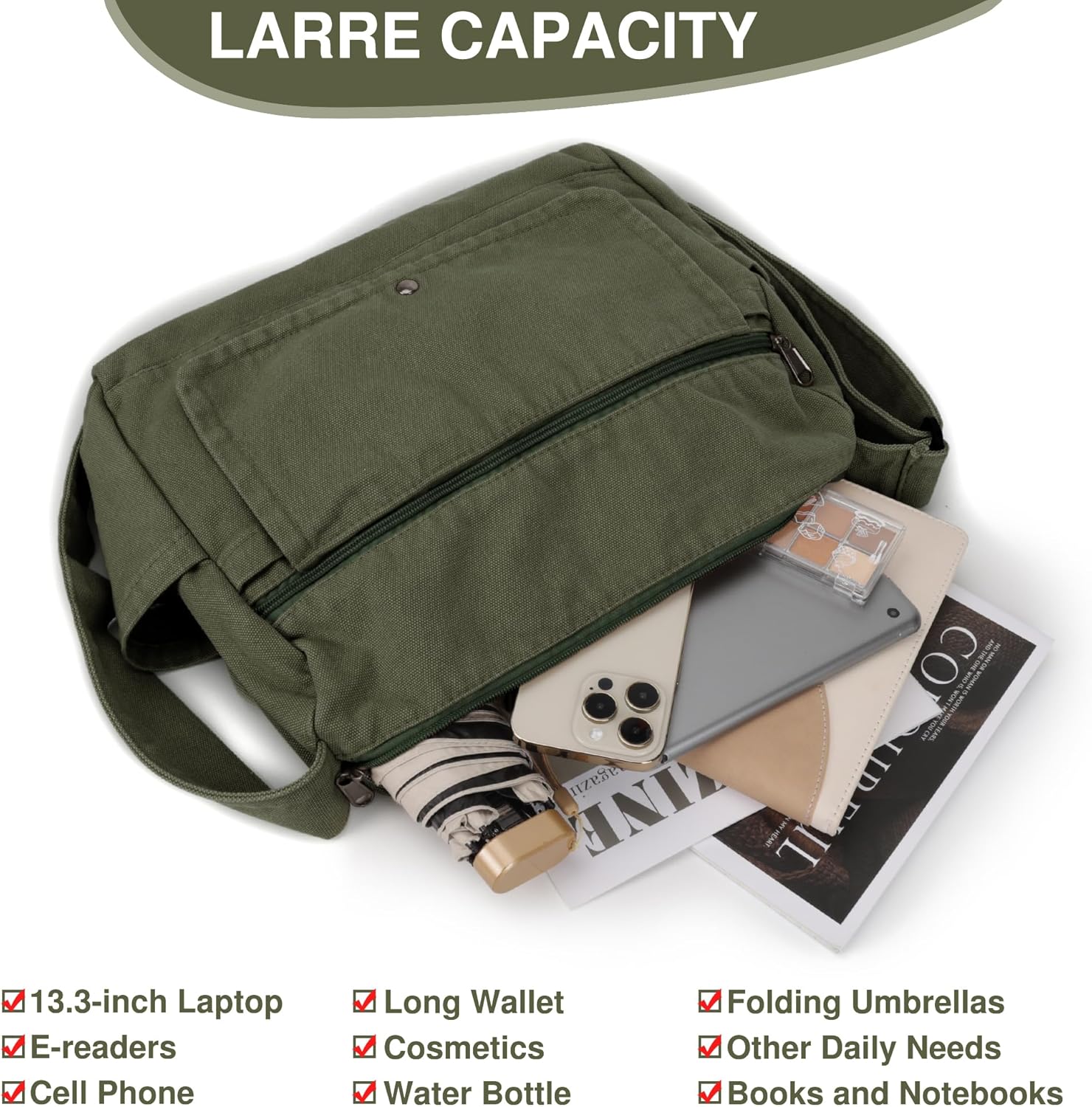 Canvas Messenger Bag for Women and Men Large Hobo Crossbody Shoulder Tote Bag with Multiple Pockets