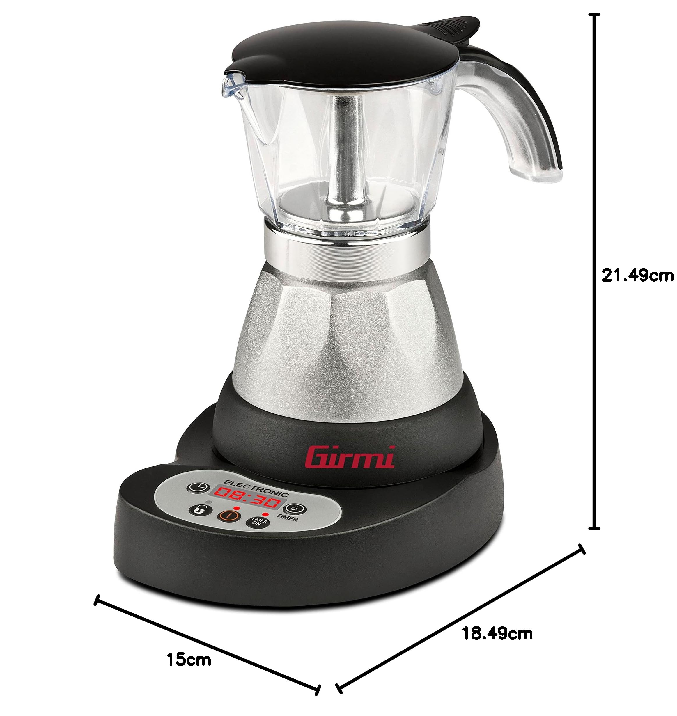 Girmi Mc23 Cafetière électrique Moka, Programmable pour poudre de café, 1 à 3 tasses, 400 W, Affichage LED, Minuterie, Maintien au chaud, Aluminium