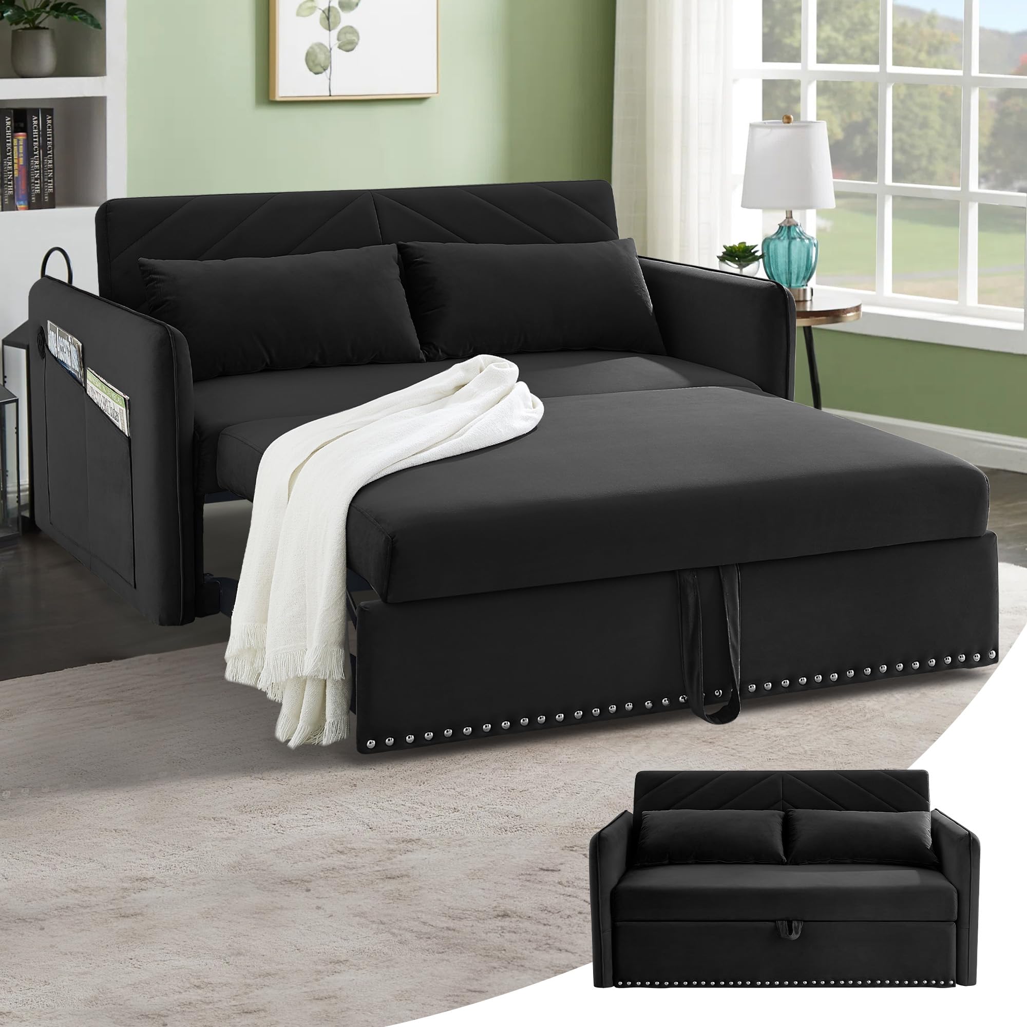 SumKeaSofa Beds Loveseat Sleeper, Pull Out Couch, 55'' Velvet 3 in 1 Sofa Cama Adjustable Back with 2 Pillows & Side Pocket, Ideal for Living Room and Bedroom, Black