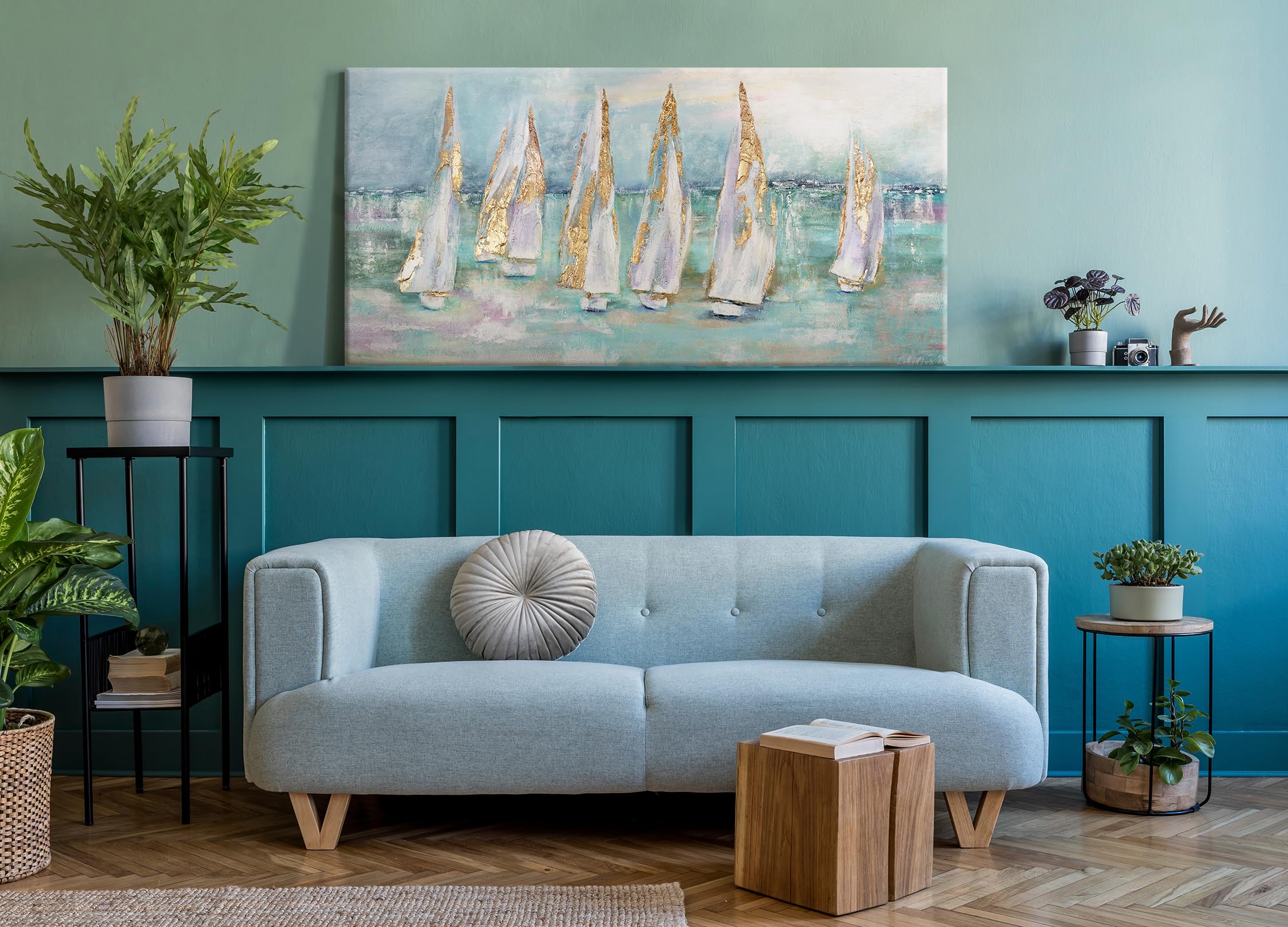 YS-Art Bellissimo murales per il Soggiorno barche a vela paesaggio marino in blu con oro moderno arredamento casa Immagini arte moderna 200x100 cm