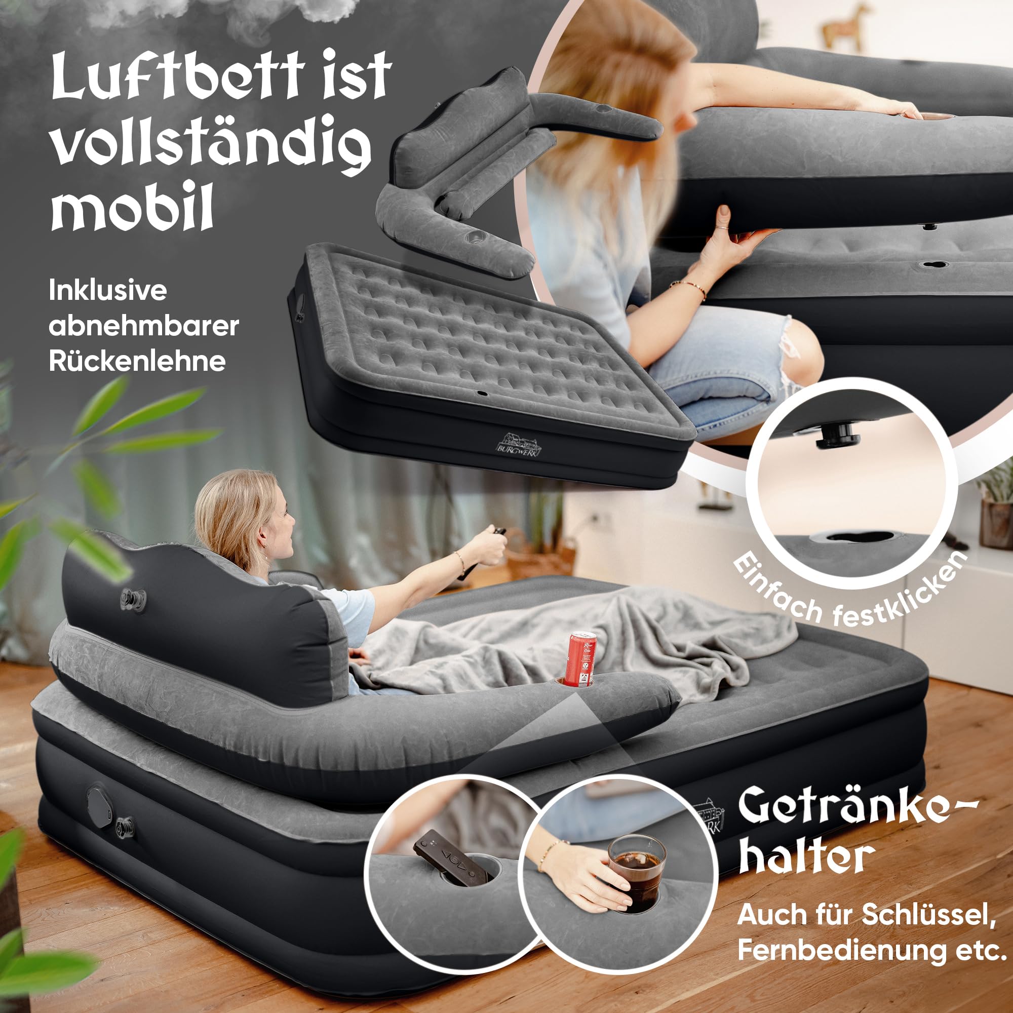 Burgwerk Premium Luftbett selbstaufblasend 2 Personen 203x152cm XL aufblasbare Matratze mit Pumpe