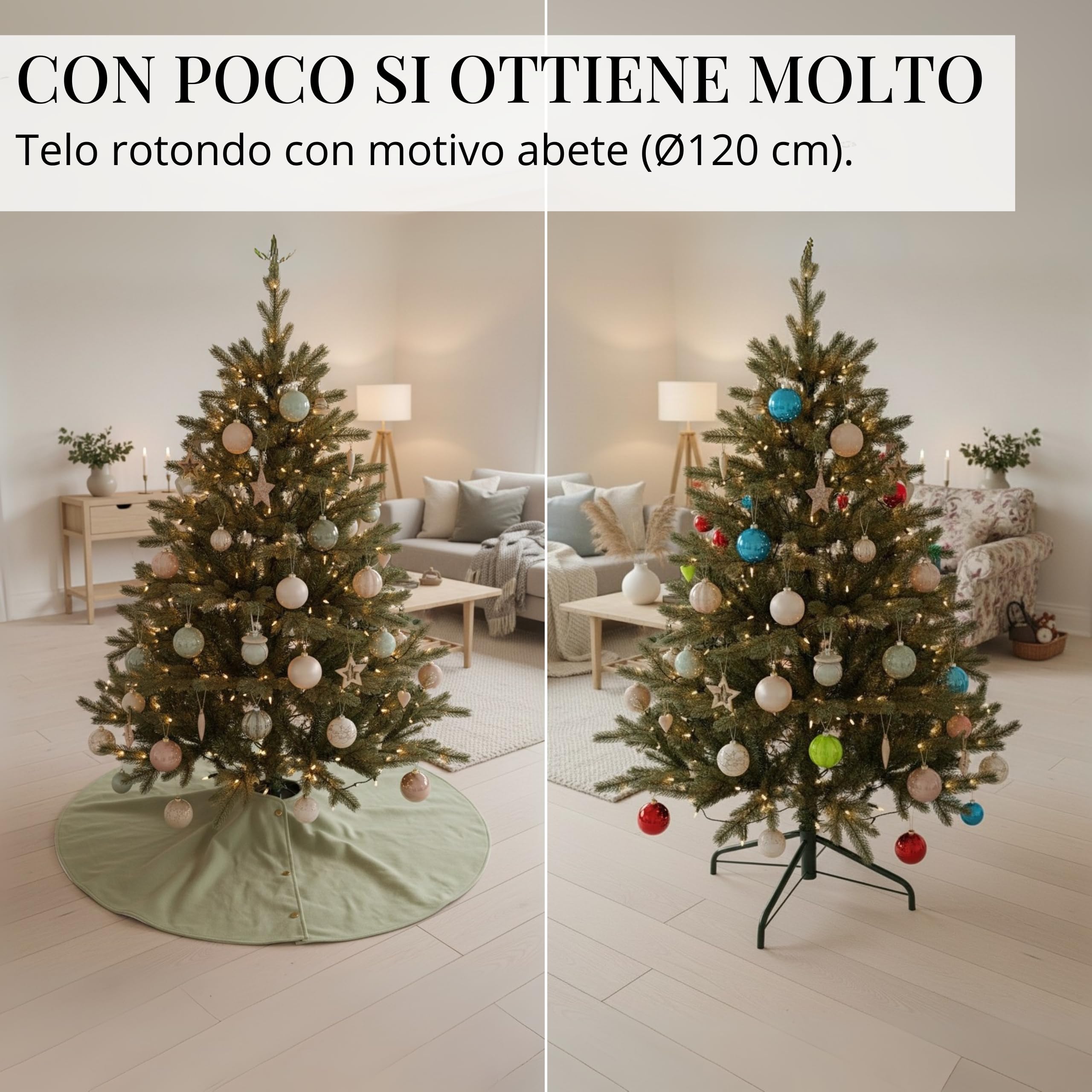 LIVLIG Gonna per Albero di Natale Ø120 cm in 100% Cotone Beige/Verde – Tappeto Rotondo Reversibile 2-in-1 con Bordo Dorato, Copertura Decorativa per Il Piede dell’Albero