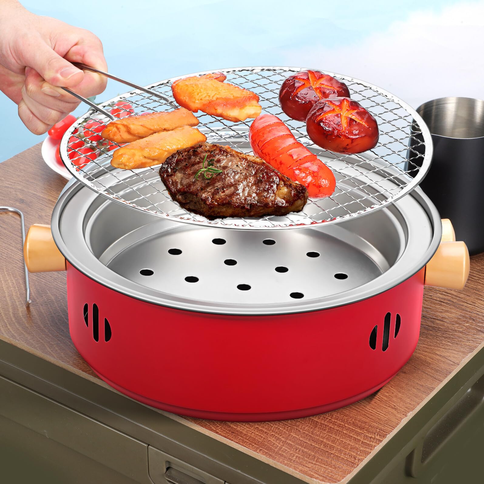 Barbecue Portatile a Carbone in Ferro Manici in Legno Mini Fornello da Tavolo per Esterni e Interni Set Compatto per Campeggio Picnic e Feste in Giardino Griglia Sollevabile e