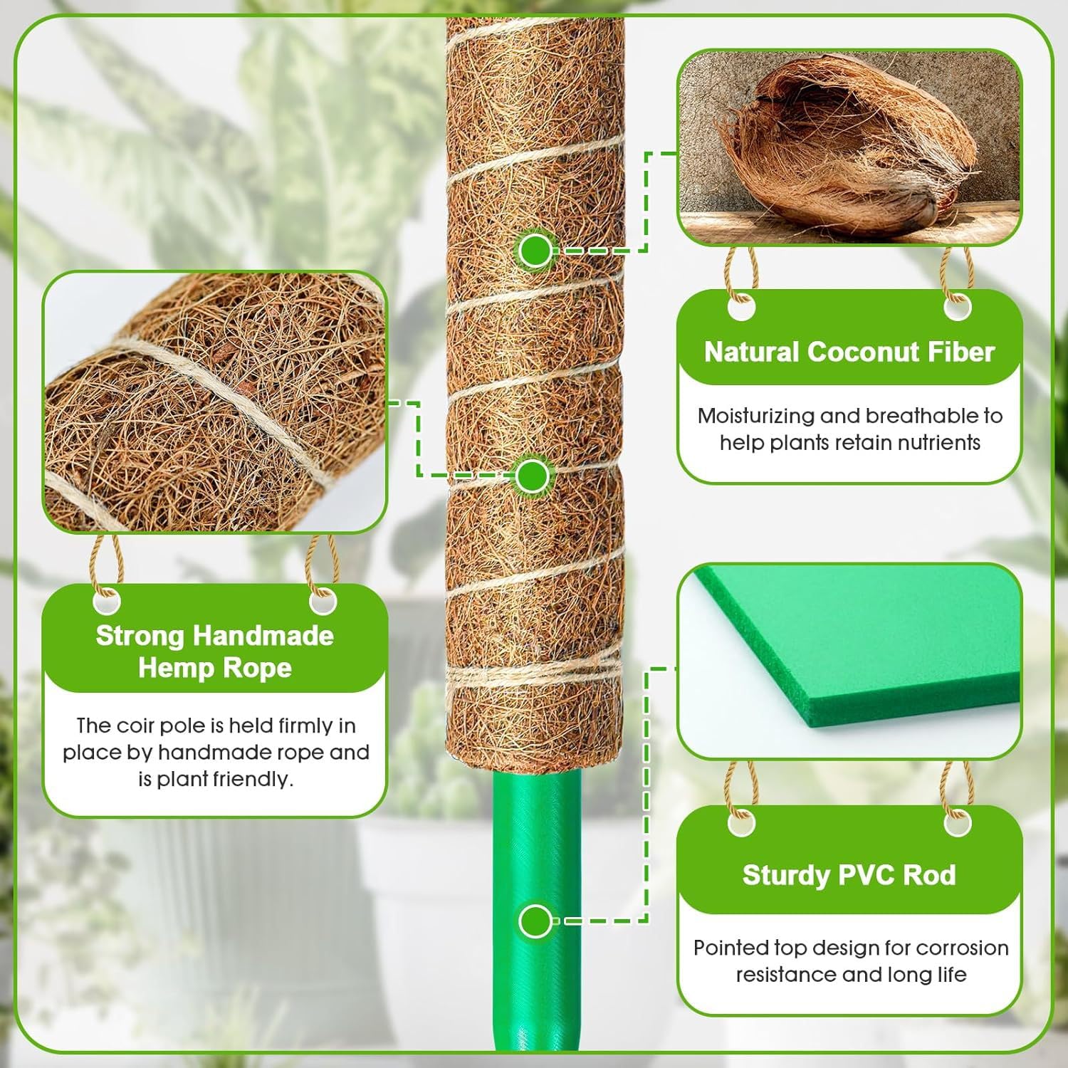 6 Stück 42CM Moosstab Monstera, Garden Sage Verlängerba Monstera Rankhilfe für Pflanzen, Kokos Pflanzenstab Monstera Moss Pole für Garten Kletterpflanzen Pflanzengitter (8 * 42cm)