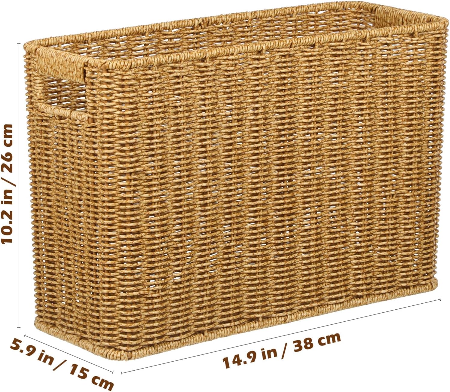 STOBAZA Woven Basket with Handles Magazine Book Storage Basket Bin for Home Office, Handwoven Narrow Basket for Books, Newspaper, File and Mail - 38.00X26.00X15.00CM