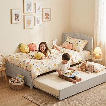 Betterhood Twin Bed with Trundle, Solid Wood Twin Size Bed Frame, Pull Out Trundle Bed with Headboard and Footboard, Extendable Wooden Slats Platform Bed for Kids Teens Adults, Grey
