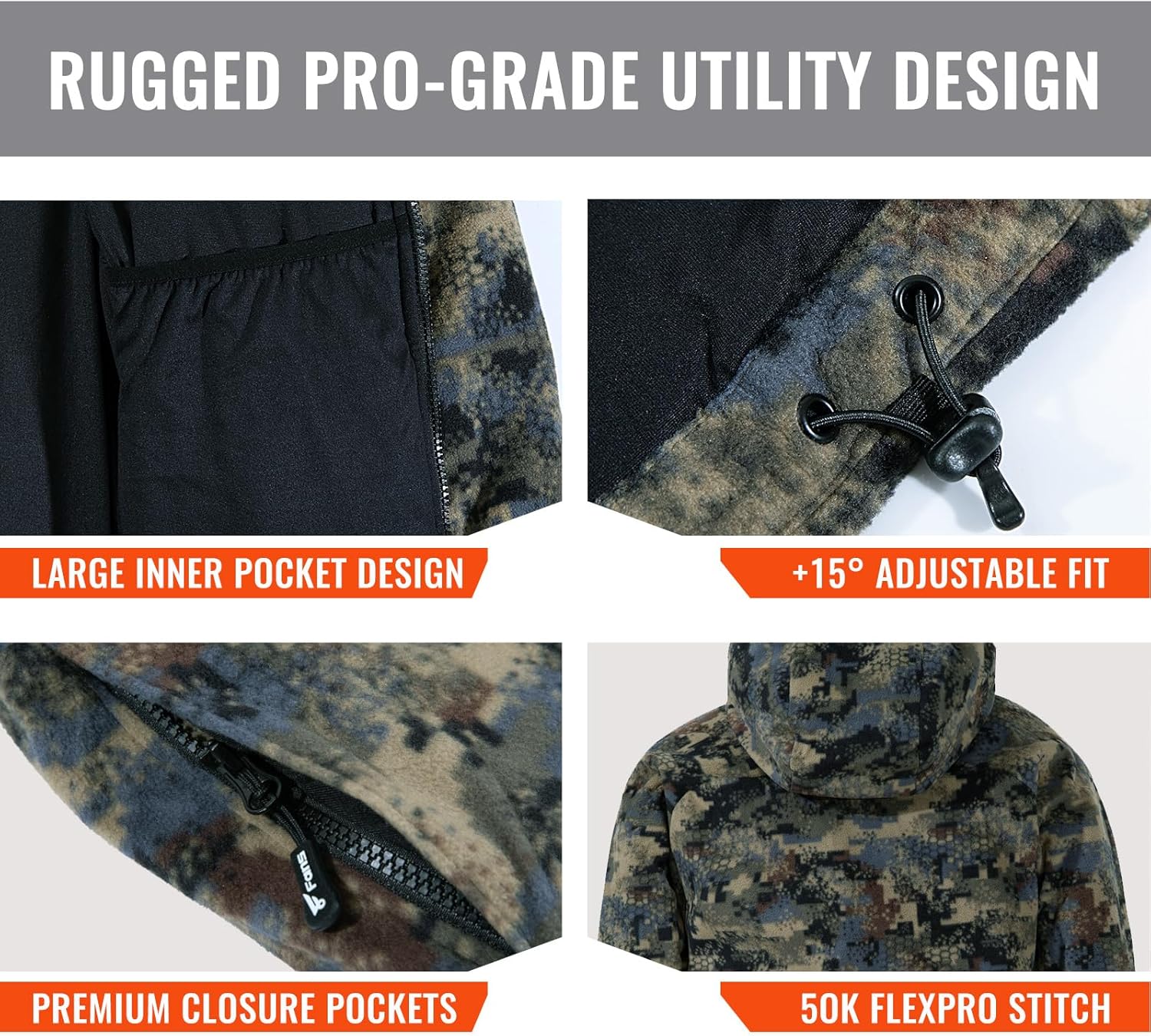 8 Fans Men’s Hunting Camo Jacket – 100% Polyester Fleece,Breathable Lightweight Coat with Detachable Hood & Pockets - Image 4