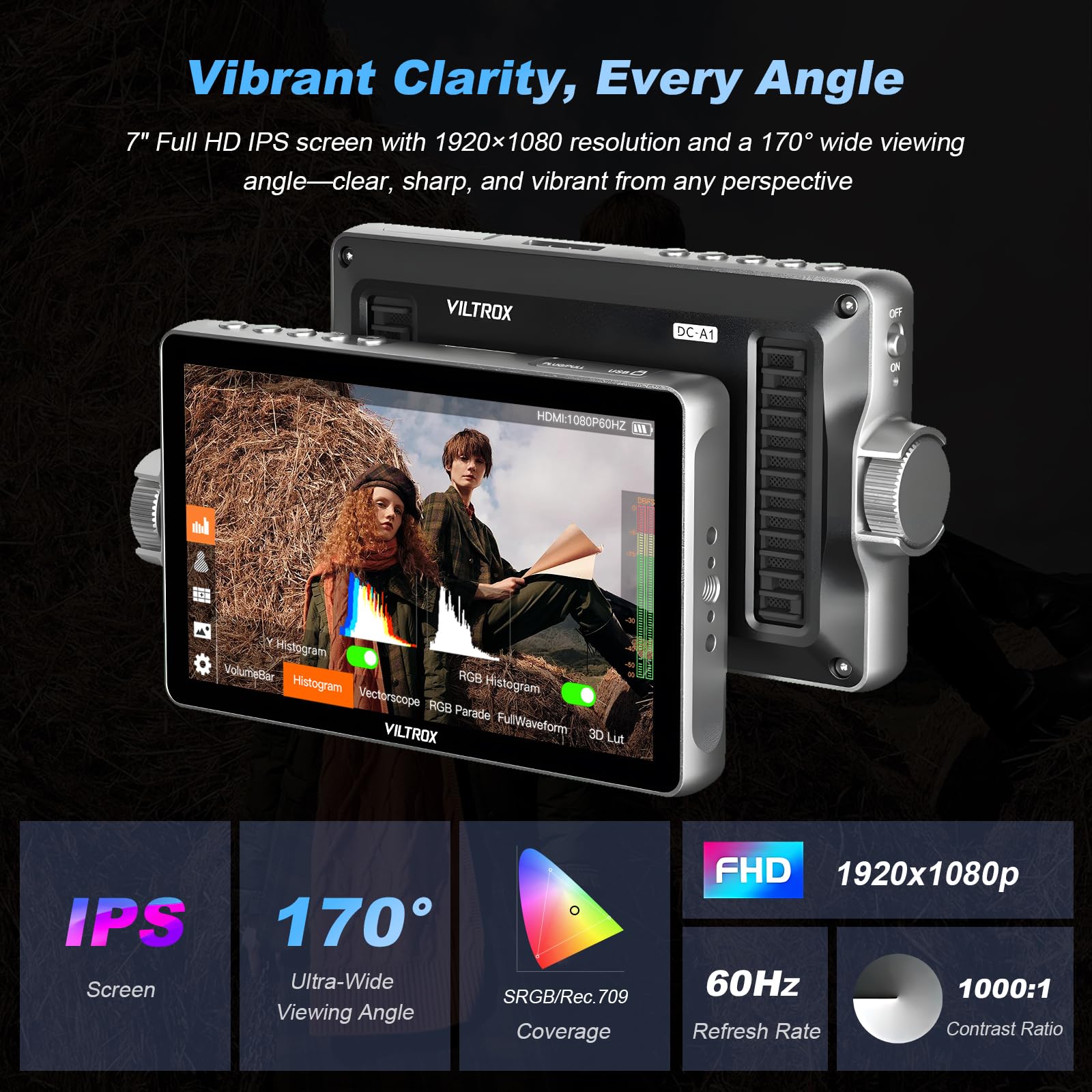 VILTROX DC-A1 Monitor da Campo per Fotocamera Schermo Tattile Esterno Camera Monitor 2800Nits Ad Alta Luminosità 7 Pollici 1920x1080 3D LUT con Ventola,Batteria,Parasole per Sony Canon Nikon Fuji DSLR