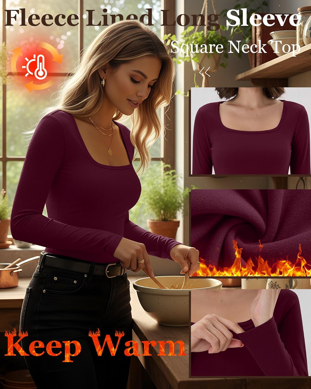 Huukeay 3 Pack Women's Thermal Long Sleeve Shirts Fleece Lined Square Neck Fitted Warm Winter Tops Base Layer Underwear - Image 4