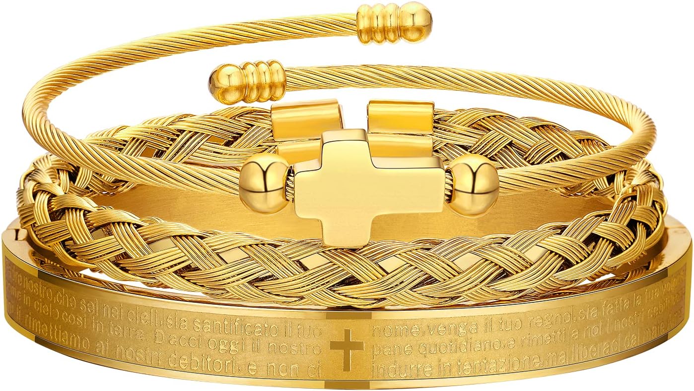 3PCS Stainless Steel Bracelets for Men Gold Roman Numeral Bangle Bracelet Twisted Cable Bracelet Adjustable Cuff Bracelet Mens Luxury Jewelry Bracelets Gifts