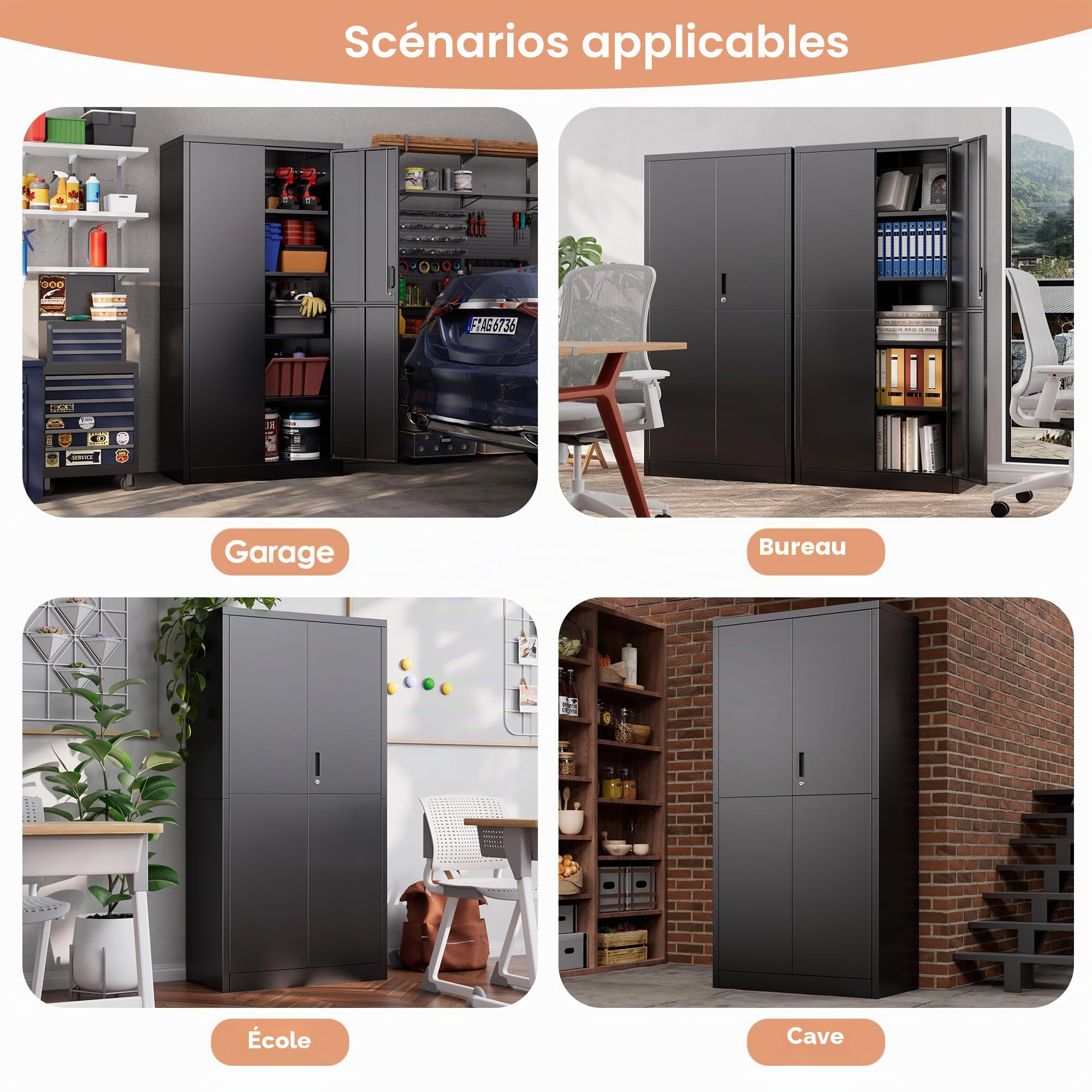 Armoire de rangement multi-usages en acier - Armoire de rangement verrouillable avec 2 portes - 180 x 80 x 40 cm - Armoire à outils - Étagères réglables - Pour garage, bureau, salon - Noir