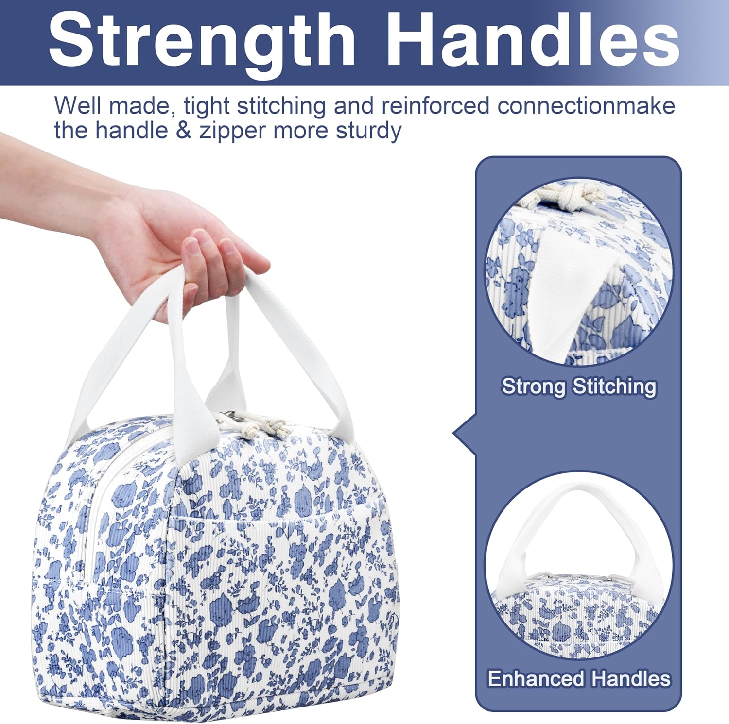 Lunch Bag - Insulated Lunch Box for Women, Reusable Large Capacity Cooler Bag for Adult, Small Leakproof Cute Corduroy Lunch Tote for Work Office Travel Picnic (Corduroy Navy Blue-Flower) - Image 4