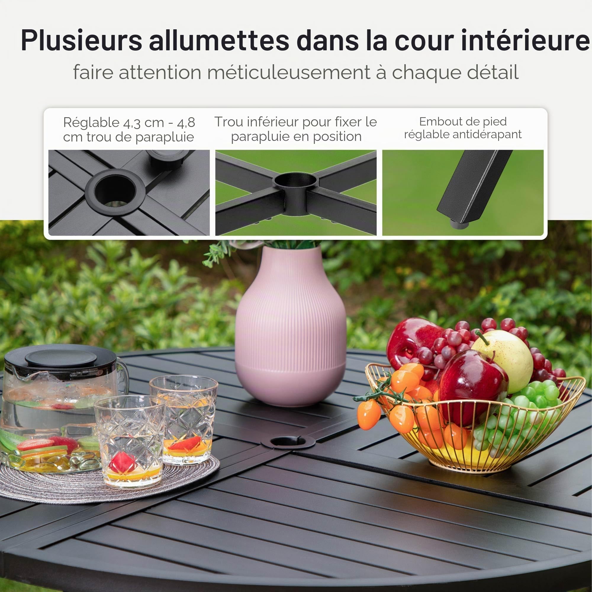 PHI Villa Salon de Jardin 5 pièces pour 4 Personnes, Ensemble de mobilier d'extérieur avec Table Ronde et chaises métal empilables, revêtement E pour Balcon, terrasse et Cour