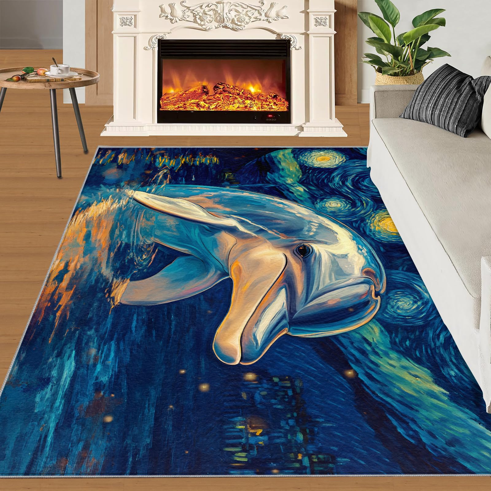 Tapis de sol antidérapant et lavable motif dauphin pour salon