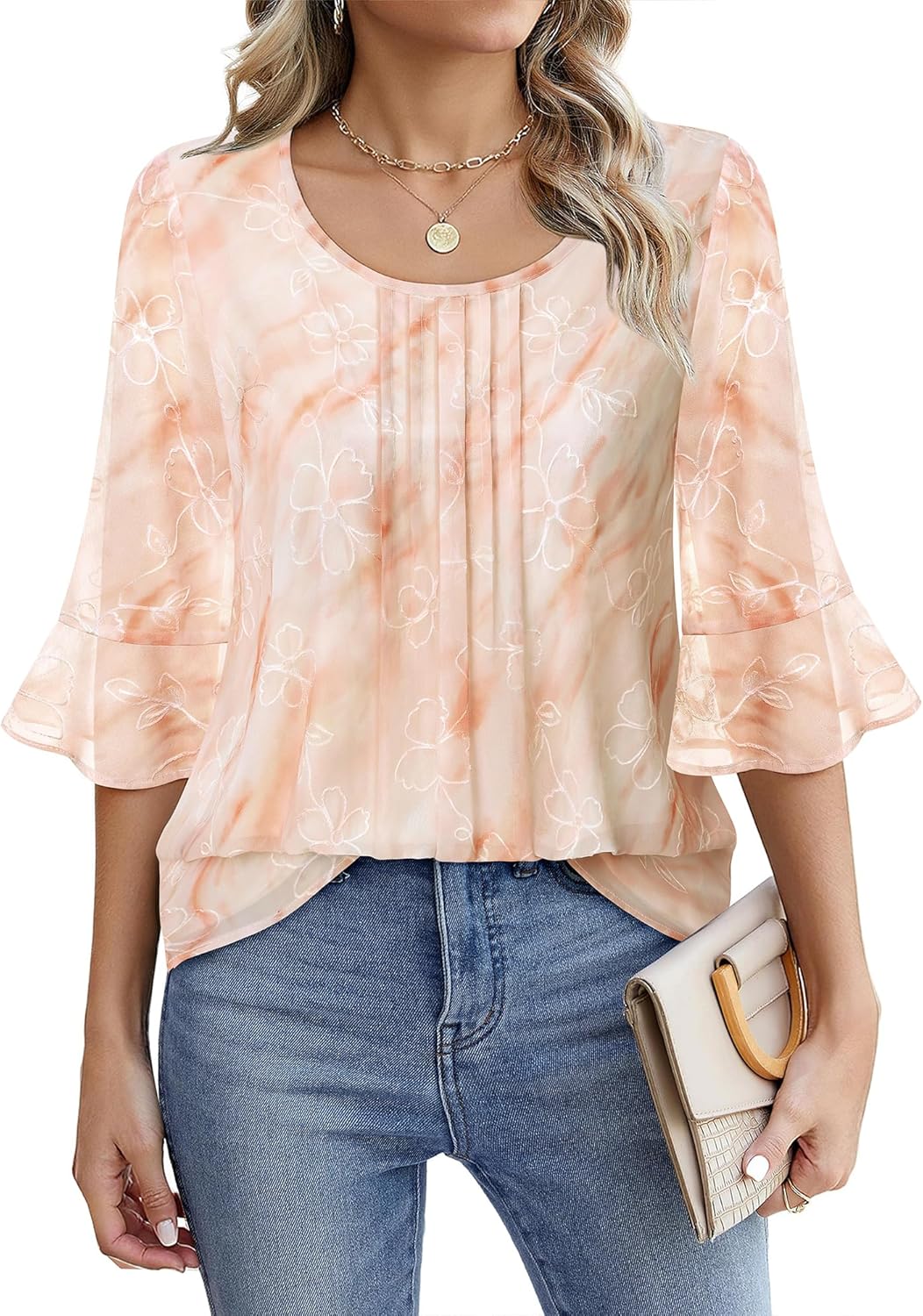 VALOLIA Womens 3/4 Sleeve Blouses Tops Dressy Casual Chiffon Pleated Embroidery Layered Shirts - Image 2