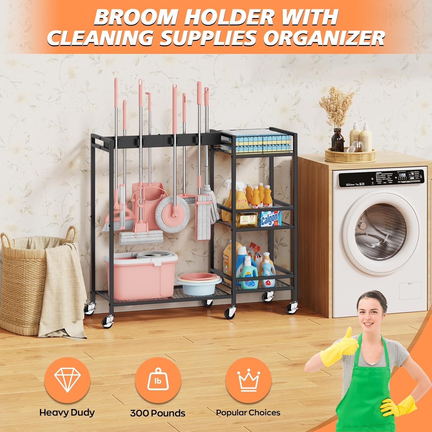Broom and Mop Holder, Broom Closet Storage Cabinet with Cleaning Supplies Organizer, 2-in-1 Broom Mop and Cleaning Supplies Storage Cleaning Cart, Cleaning Cart with Wheels for Housekeeping