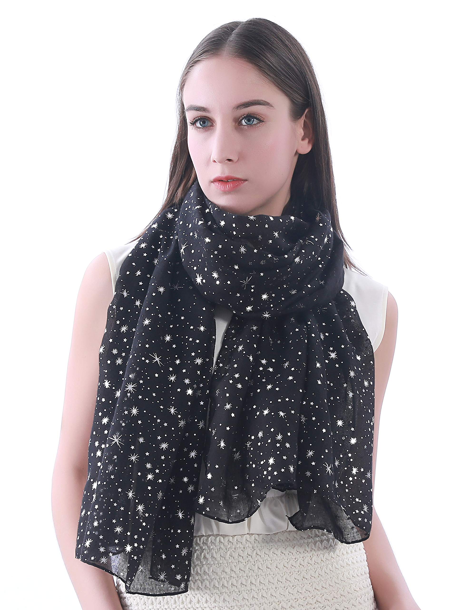 Lina & Lily Silver Gold Glitters Shimmer Foil Stars Women Scarf Shawl (Black (silver stars)) - Black (silver stars)