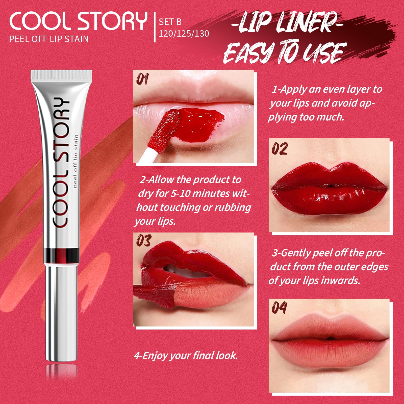 3PCS Peel Off Lip Stain Lip Tint Set, Matte Lipstick & Lip Liner, Waterproof Long Lasting Peel Off Lip Gloss - Image 3