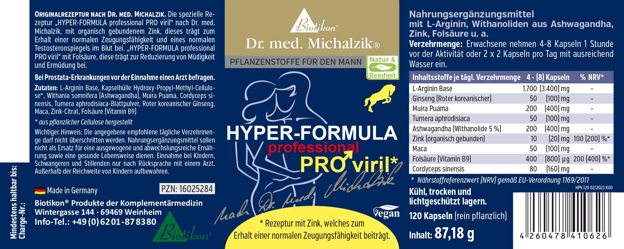Hyper Formula PRO viril Dr. Michalzik, 1.700 mg L-Arginin, 120 Kapseln | Mit L-Arginin, Ashwagandha, Muira Puama und Zink • eigene deutsche Produktion • ohne Zusätze