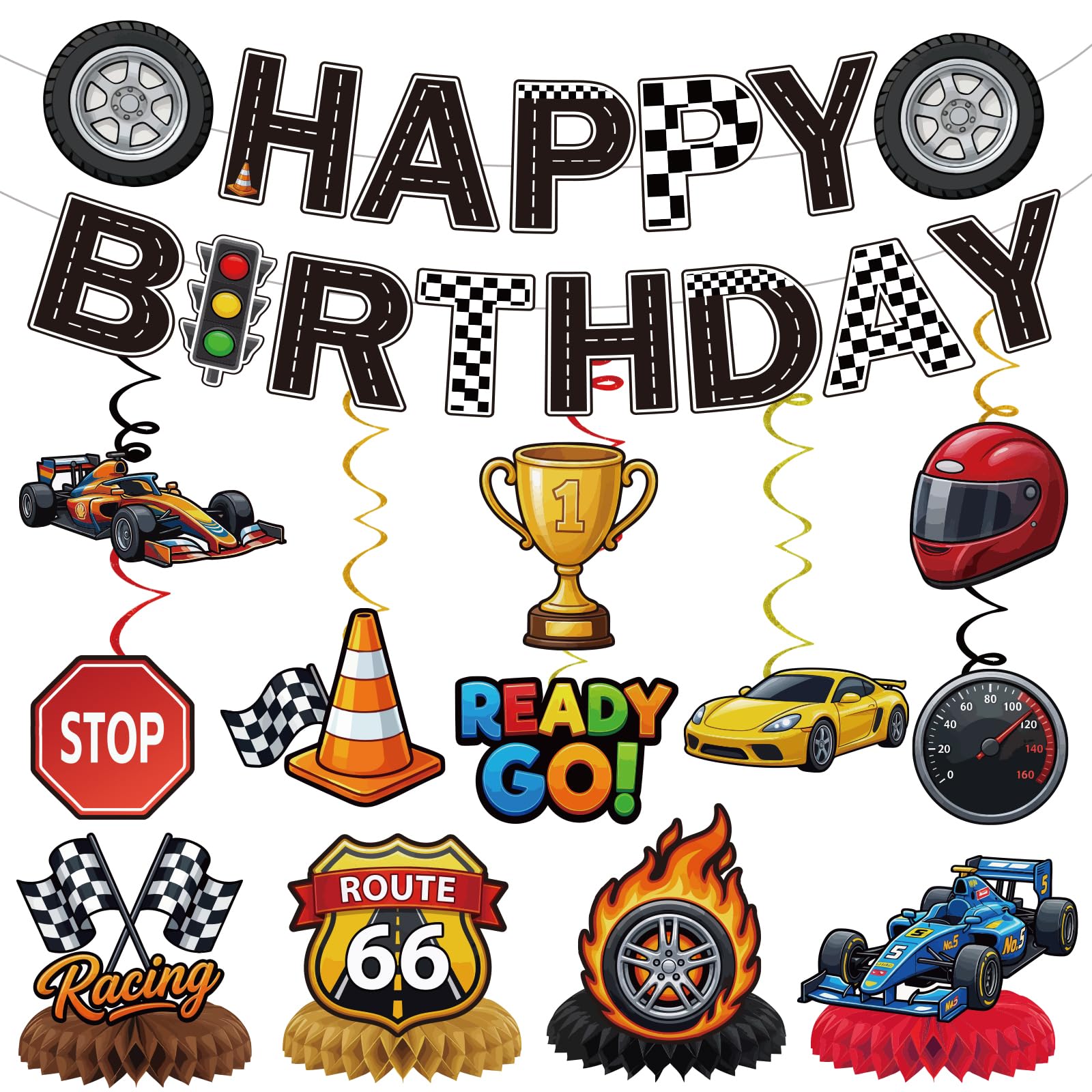 Race Car Happy Birthday Banner - Racing Theme Kids Birthday Party Supplies