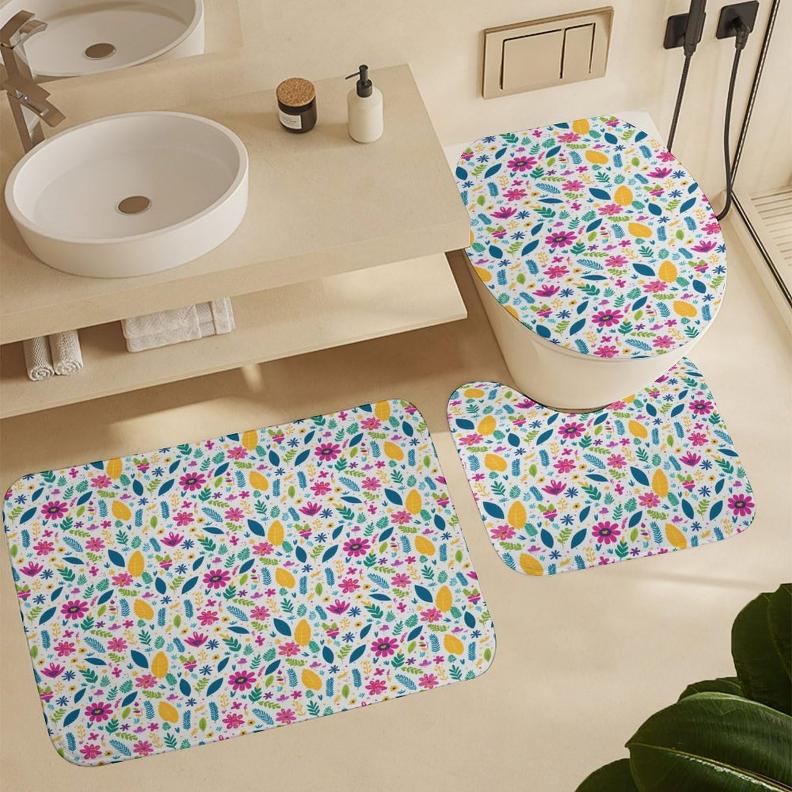 Flores y Plantas Baño de Cuatro Piezas Alfombra De Baño De Piedra, Antideslizante Y Resistente, Ideal para Baño Y Cocina 183×183cm