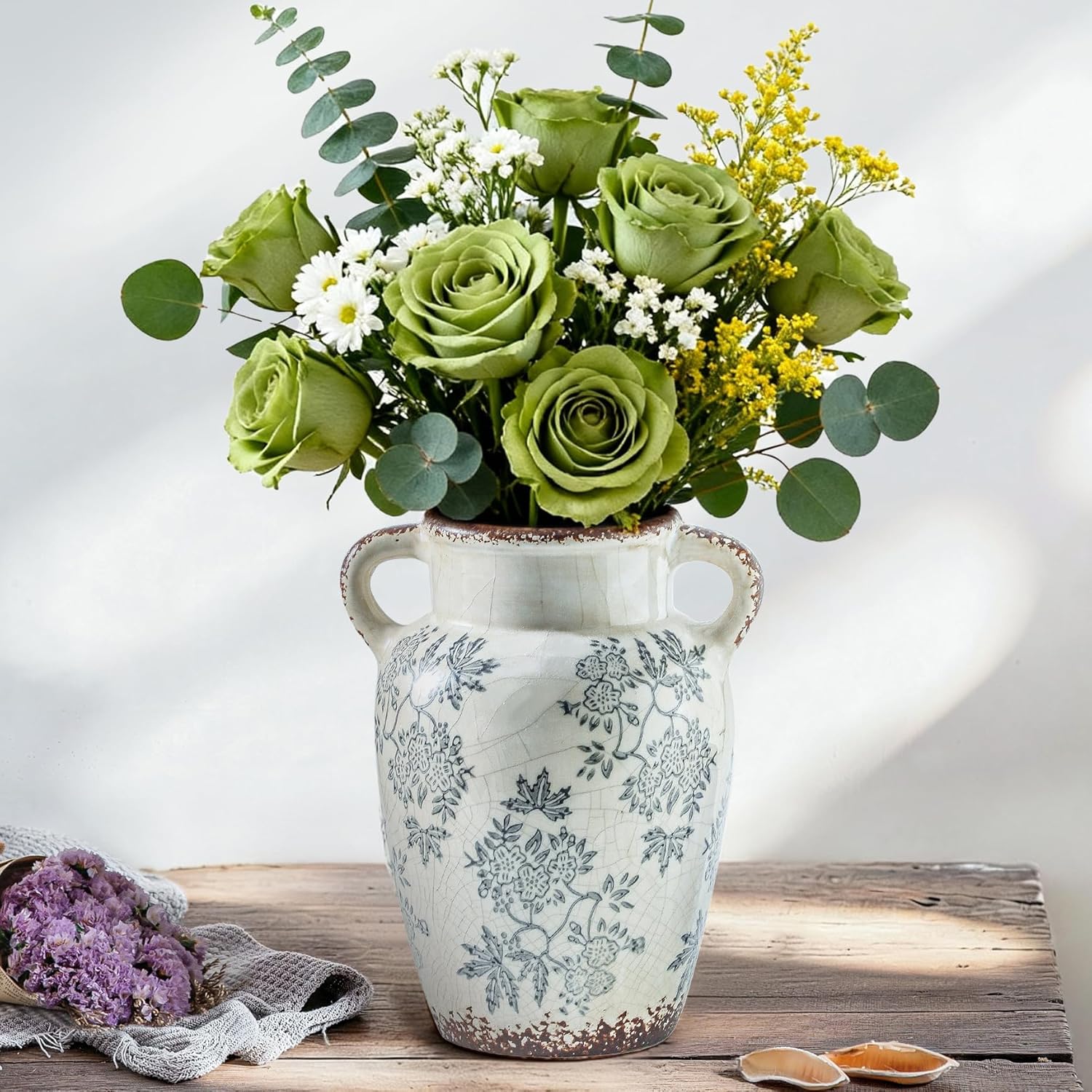 Enra Vintage vase with Handle,9.4 inch Blue and White Ceramic Decorative Flower vase, Chinoiserie Floral Vase,Large Rustic Vases for Home Decors, Living Room, Bookshelf, Office