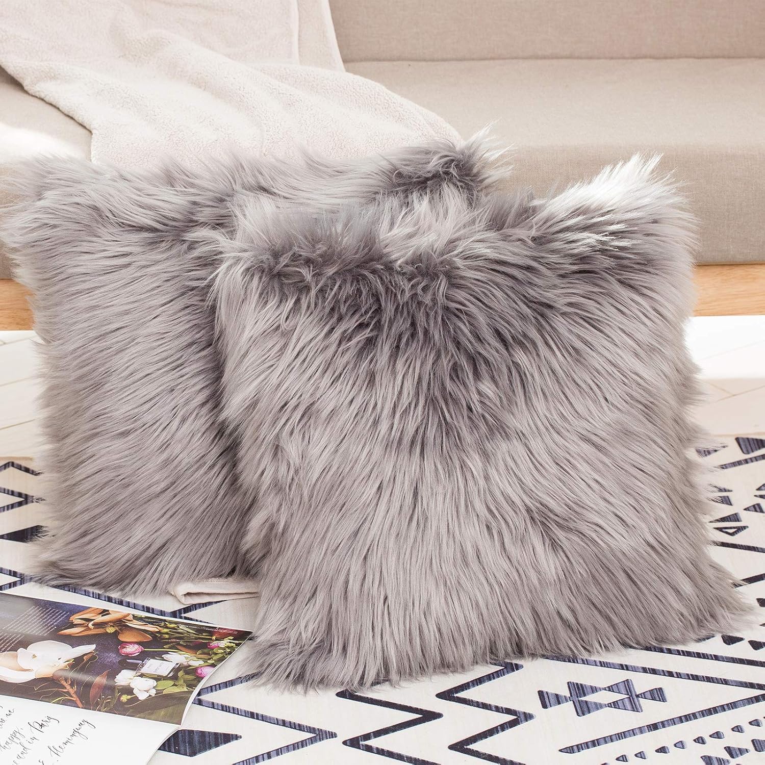 HYSEAS Set of 2 Decorative Faux Fur Throw Pillow Covers, Grey Fluffy Soft Fuzzy Square Cushion Cover Pillow Case for Sofa, Couch, Chair, Bed, Cafe, 20 x 20 Inches - Image 2