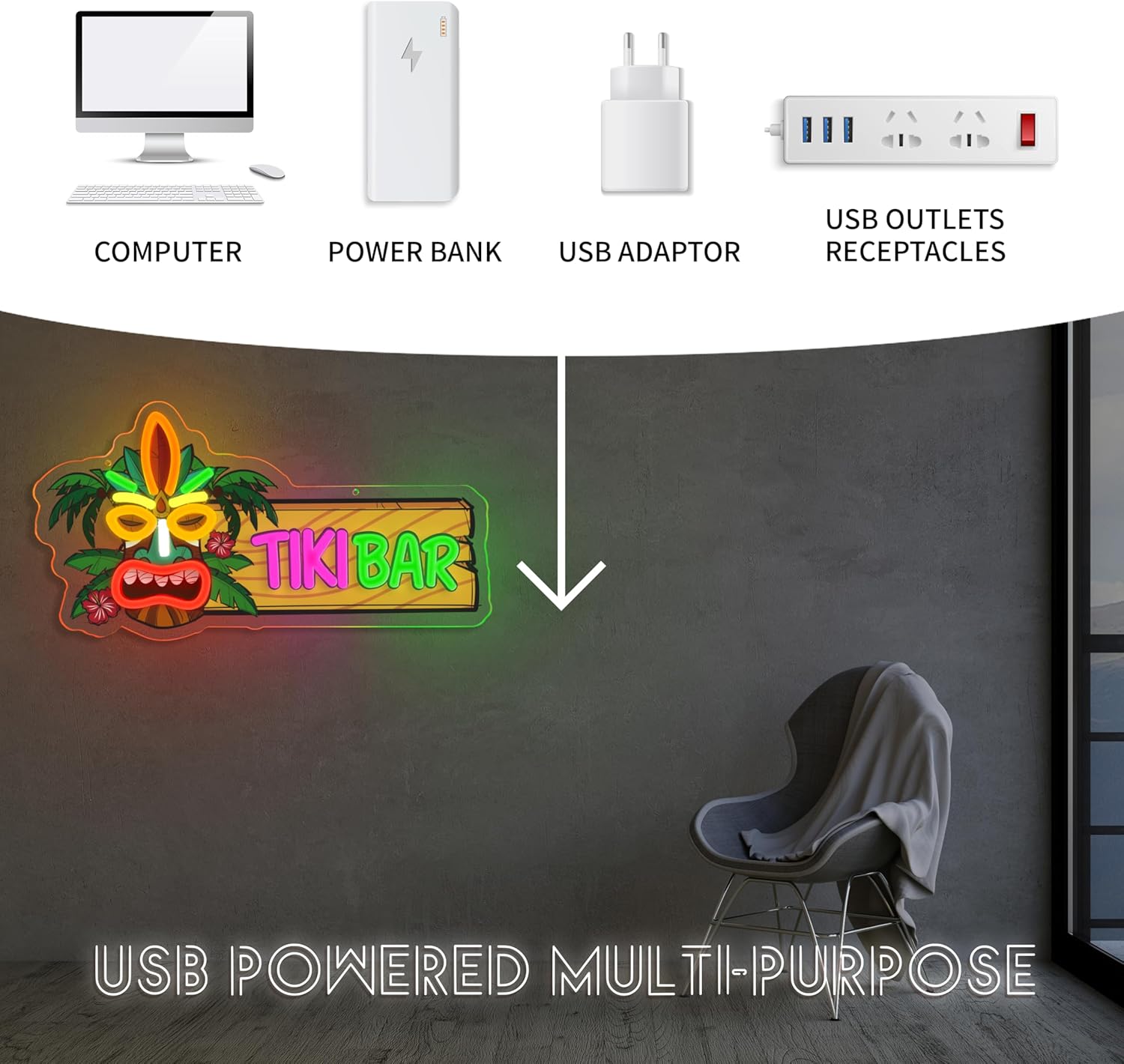 Tiki Bar Neon Sign Dimmabel Tiki Bar Neon Light for Aloha Hawaii Tropical Birthday USB Powered Led Light Sign for Man Cave Decor Hawaiian Luau Party Decoration - Image 5