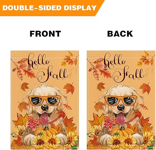 Miniatura 4 de Banderas de jardín con texto en inglés Hello Fall Golden Retriever para exteriores, diseño de girasol, calabaza, perro, bandera de arpillera de
