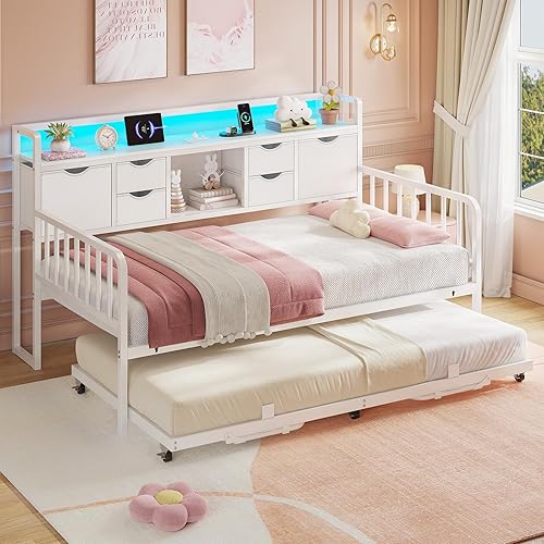 ADORNEVE Daybed with Trundle, Twin Day Bed with Storage Headboard & Charging Station, Height Adjustable Metal Trundle Bed Twin, Sofa Bed Frame for Living Room, Bedroom and Guest Room, White
