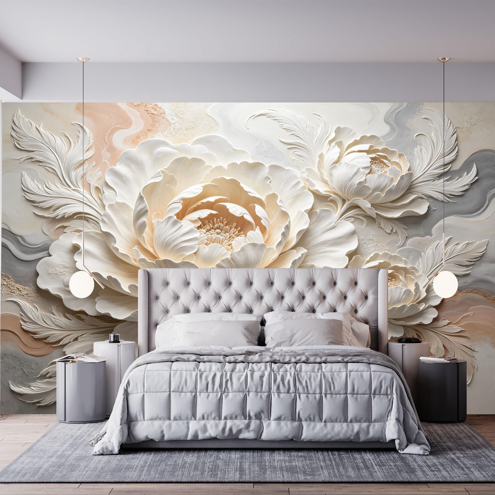 Rzeźba 3D, kwiaty, obraz ścienny, piwonie, tapeta z włókniny, nowoczesna, klasyczna roślina, duże kwiaty, ozdoba ścienna 200 x 140 cm, kremowa, beżowa, akcentująca dekoracja ścienna do salonu