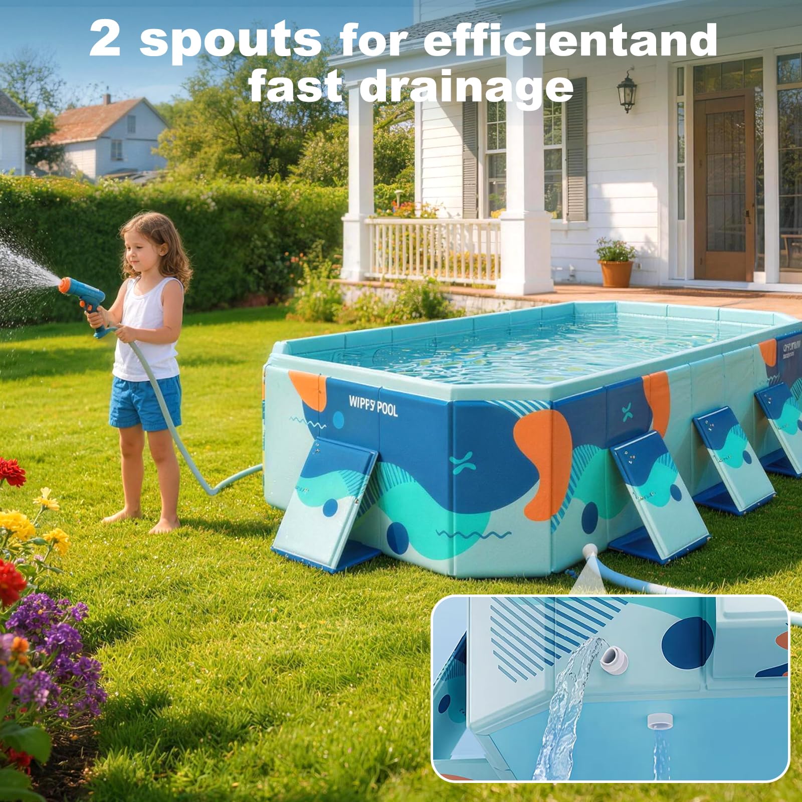 Grande piscine familiale pliable pour enfants et chiens, 292,1 x 165,1 x 54,6 cm (L x l x P) – Piscine carrée en plastique rigide avec parois latérales renforcées et installation facile pour le jardin