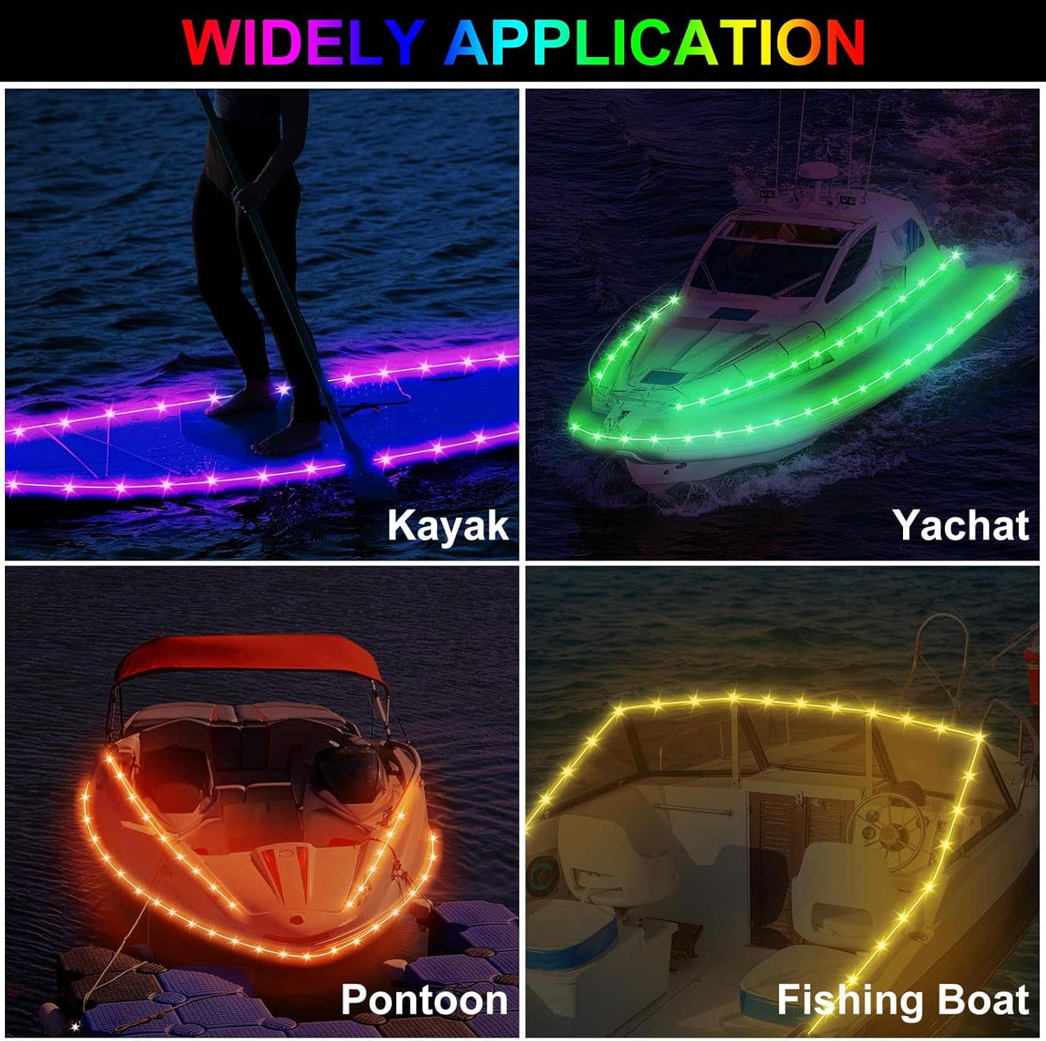 Glooglitter 24ft Kayak Paddle Board Lights Kit IP68 Waterproof Dream Color Sup Glow Lights with Remote Battery for Powered Kayak Night Kayaking Sup Canoes, Marine Safety Boats