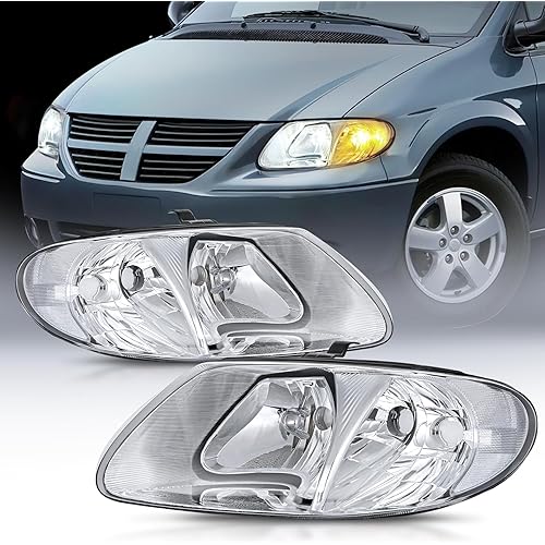 Nilight Headlight Assembly for 2001 2002 2003 2004 2005 2006 2007 Chrysler Town & Country 2001-2003 Voyager 2001-2007 Dodge Grand Caravan Replacement Chrome Housing Clear Reflector