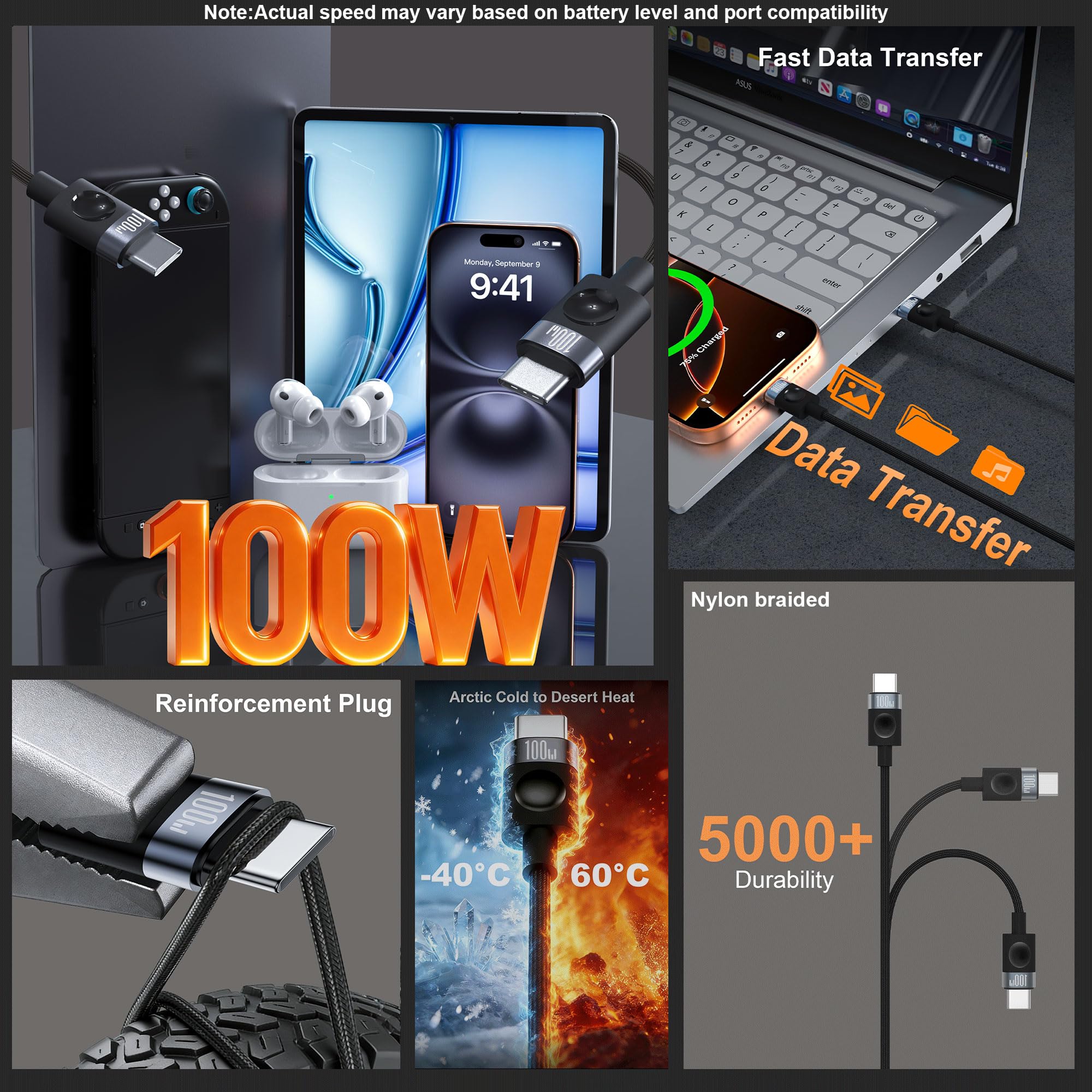 Cable USB C a USB C de 100 W, cargador tipo C de carga rápida (3.3 pies, paquete de 2) cable de nailon trenzado largo para coche, compatible con MacBook Pro/Air, iPad Pro, iPhone 17/16/15, Samsung S23