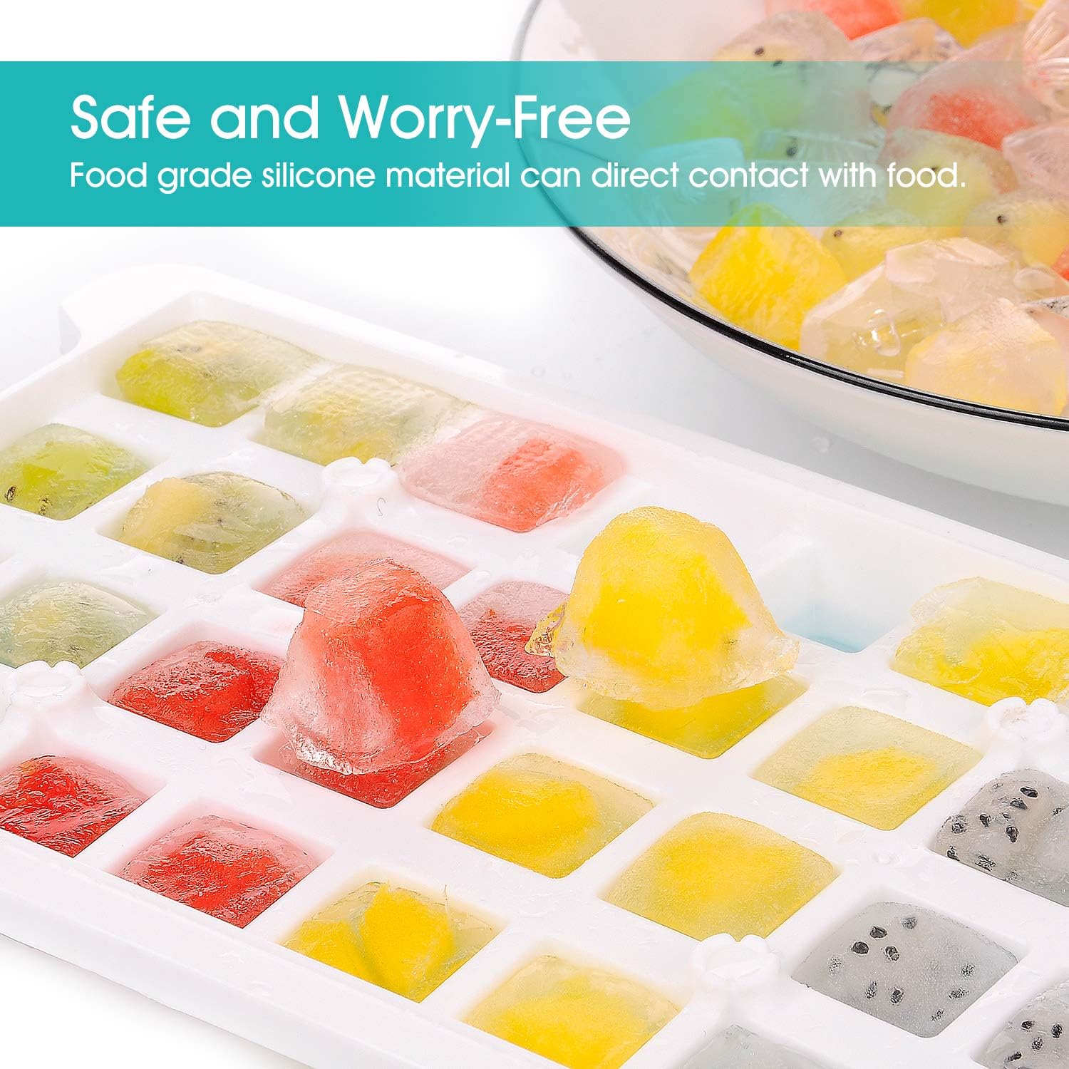 Ice Cube Tray for Freezer 3 Pack with Bin and Scoop, Upgraded Silicone Bottom/Plastic Frame Easy Release, Small Ice Cube Mold Securely Stackable in Box (32×3 PCS)