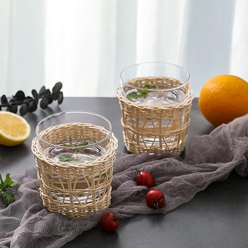 Miniatura 3 de Juego de jarras de agua de noche de noche, 1 jarra de 48.3 onzas con 2 tazas de 12.8 onzas. Juego de vasos de vidrio para mesita de noche con ratán