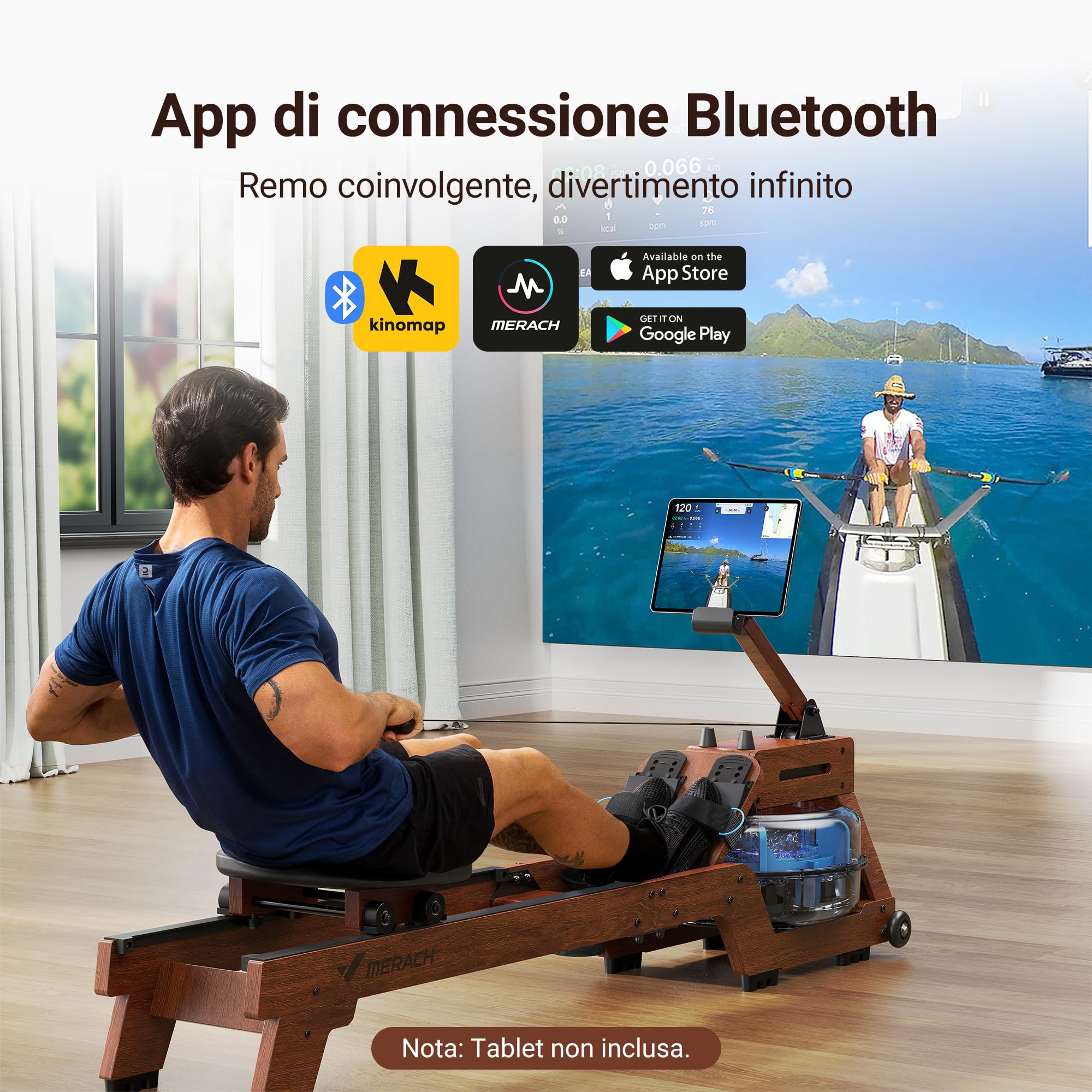 MERACH Vogatore ad Acqua per la Casa, Vogatore con Resistenza all'Acqua di 15 Litri, Connettività Bluetooth e APP, Supporto per iPad, Sedile Ergonomico, Stoccaggio Verticale Salvaspazio