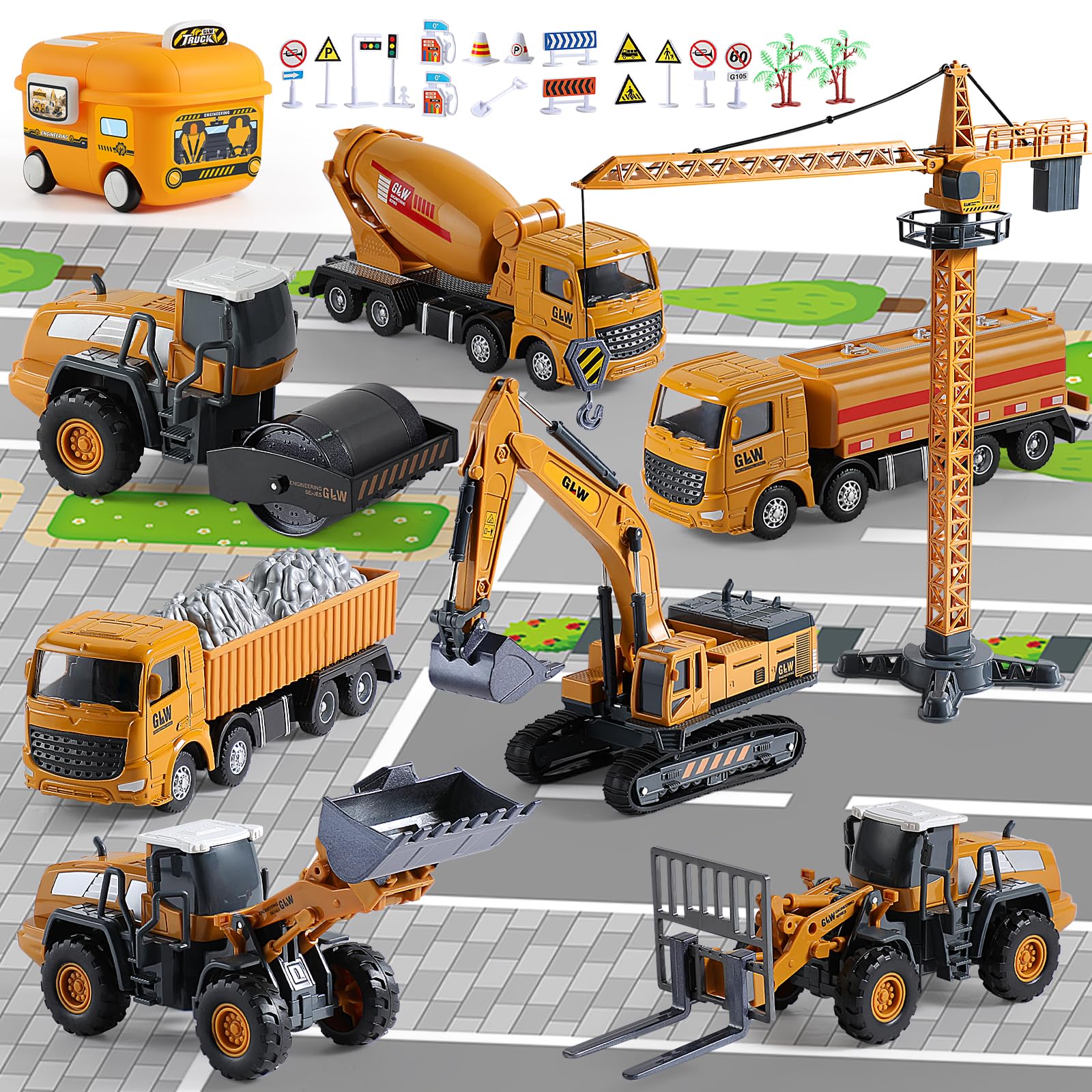 Construction Trucks Toy Set with Yellow Bus Storage and Play Mat – Alloy Inertia Driving Simulation Model Engineering Toys with Scenario Accessories – Ideal Gifts for Ages 3-8, Boys and Girls (8 in 1)