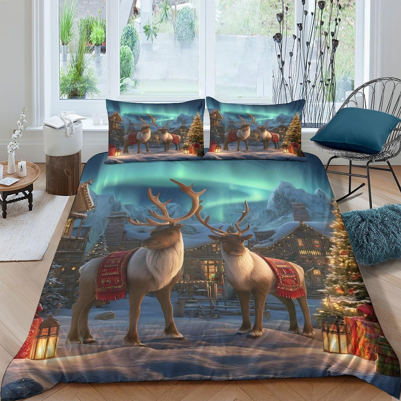 TUFRTGYHN 3D Printed Christmas Reindeer Duvet Cover Set Microfiber Soft Breathable Nordic Night Quilt Cover with 2 Pillowcases for Bedroom Home Decor Single（135x200cm）
