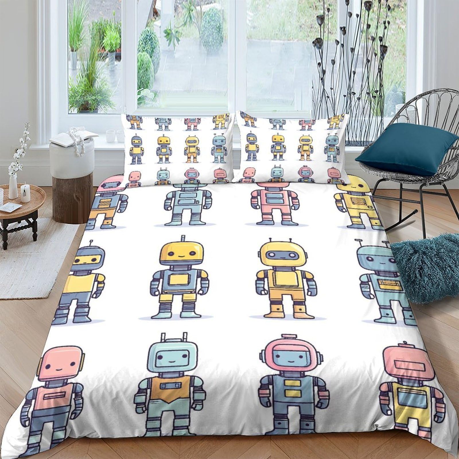 GPLZQXKJNH 3D Printed Cartoon Robots Duvet Cover Set Microfiber Soft Breathable Colorful Bedding Set with 2 Pillowcases for Bedroom Decor Single（135x200cm）