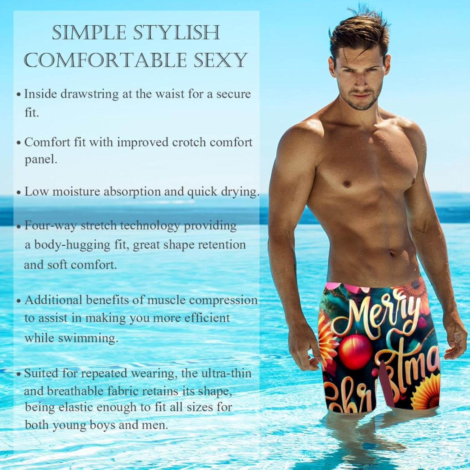Happy Christmas Men's Swim Jammers for Training, Swim Shorts for Boy Dry Quick Youth Boys Jammer Swimwear