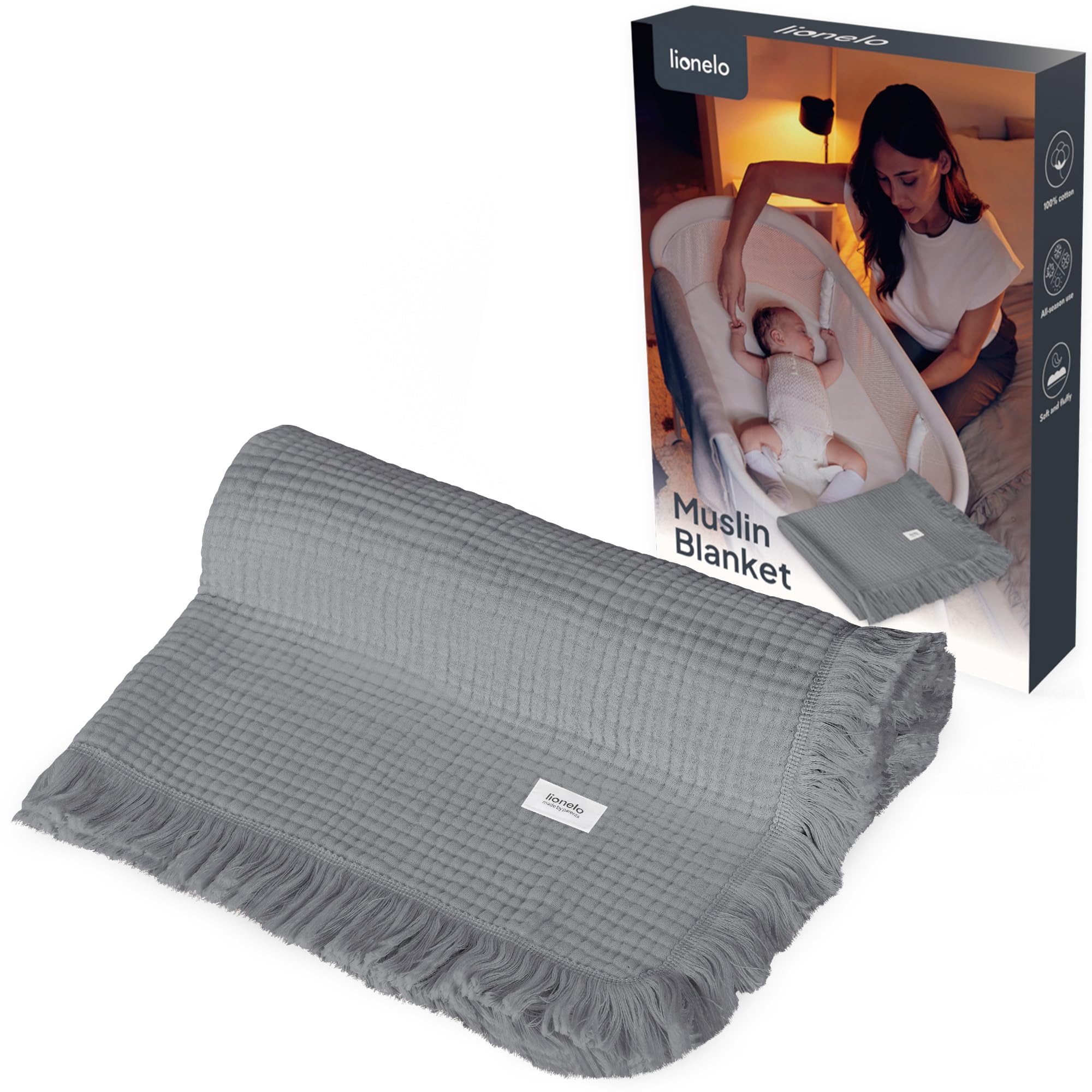 lionelo MUSLIN BLANKET Copertina Neonato in Cotone 100% Mussola, 70 x 100 cm, 6 Strati Morbida e Traspirante 4 Stagioni, Coperta Neonato per Carrozzina e Culla, Frange Rinforzate, Idea Regalo