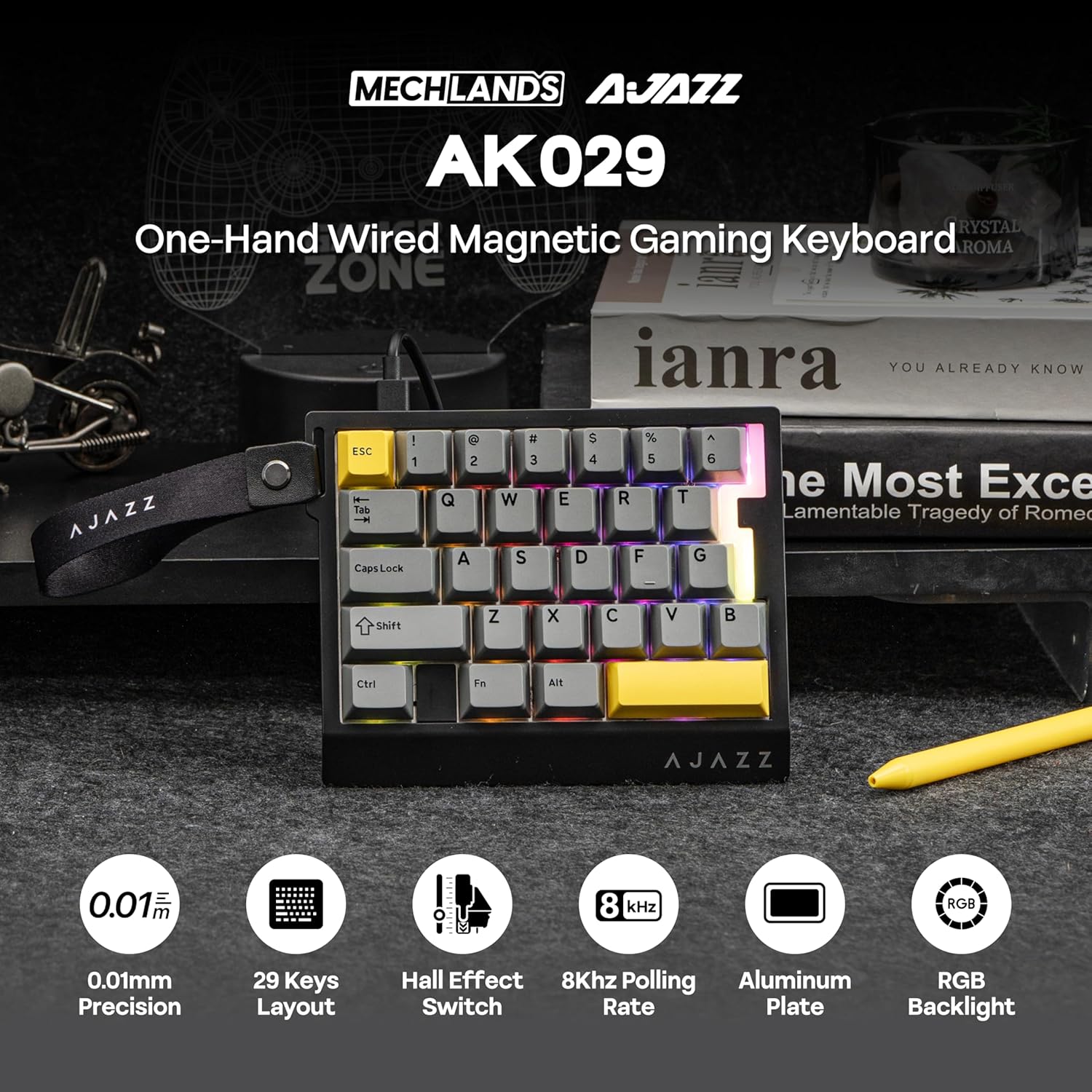 MechLands AJAZZ AK029 One Handed Gaming Keyboard, 8Khz Polling, 29 Keys Rapid Fast Wired Keyboard, SOCD & DKS, Magnetic Switch, Adjustable Actuation, RGB Backlits, Aluminum Plate (Black)