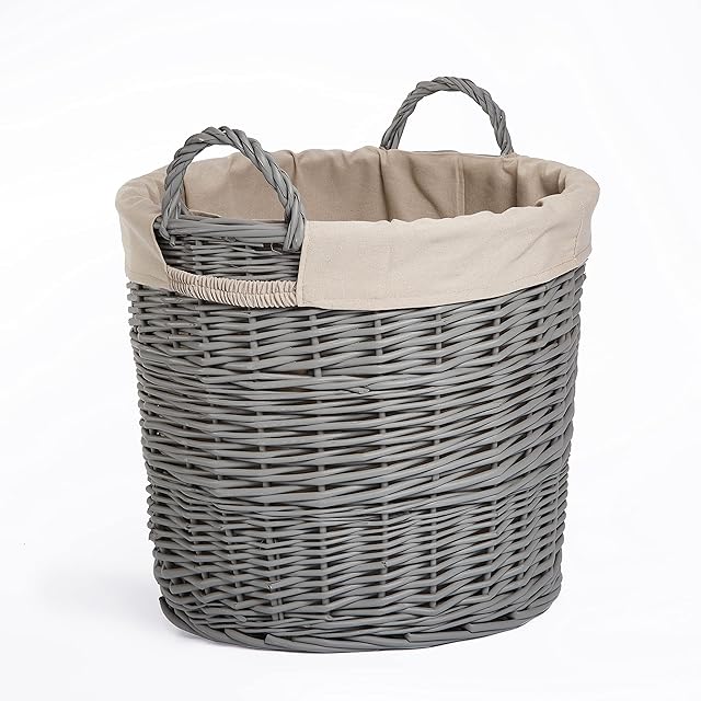 Home Storage Grey Painted Round Wicker Basket Laundry Toys Baby Nursery Collection Box (Large)