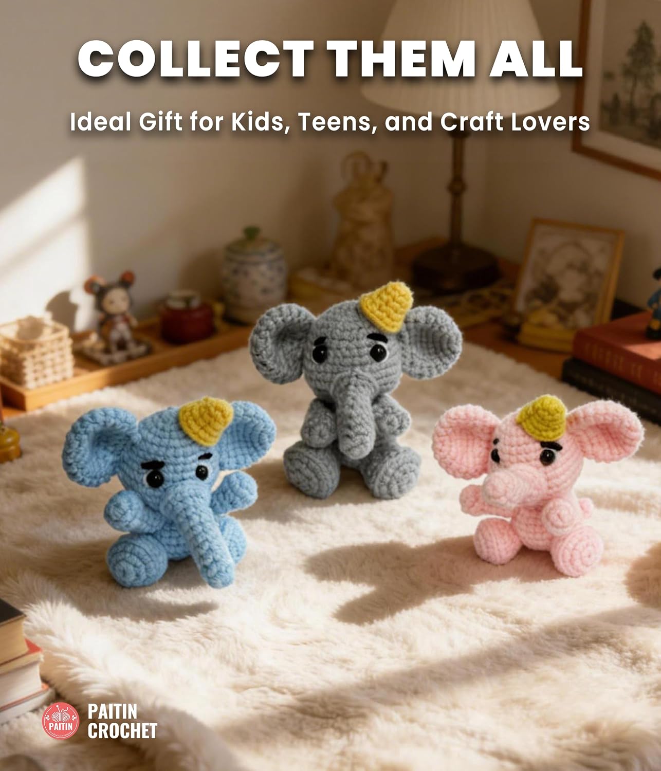 PAITIN Crochet Kit for Beginners – DIY Elephant Crochet Craft Project, Easy Handmade Yarn Art Kit for Adults with Step-by-Step Video Tutorial