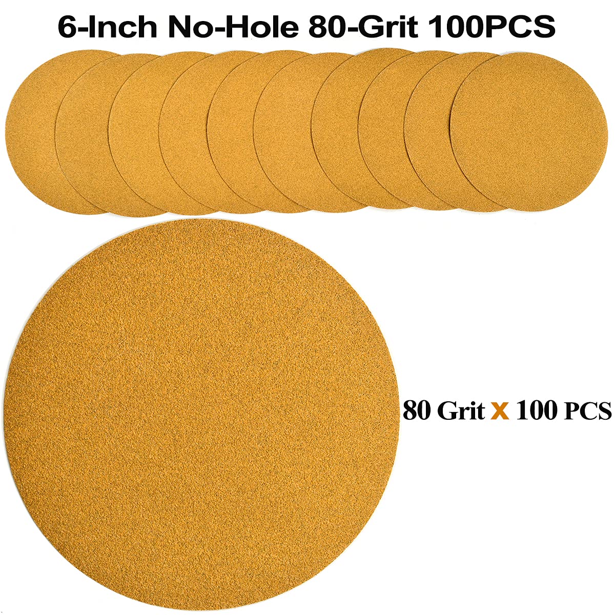 6-Inch No-Hole Hook and Loop Sanding Discs 80-Grit, Random Orbital Sandpaper for Automotive and Woodworking, 100-Pack